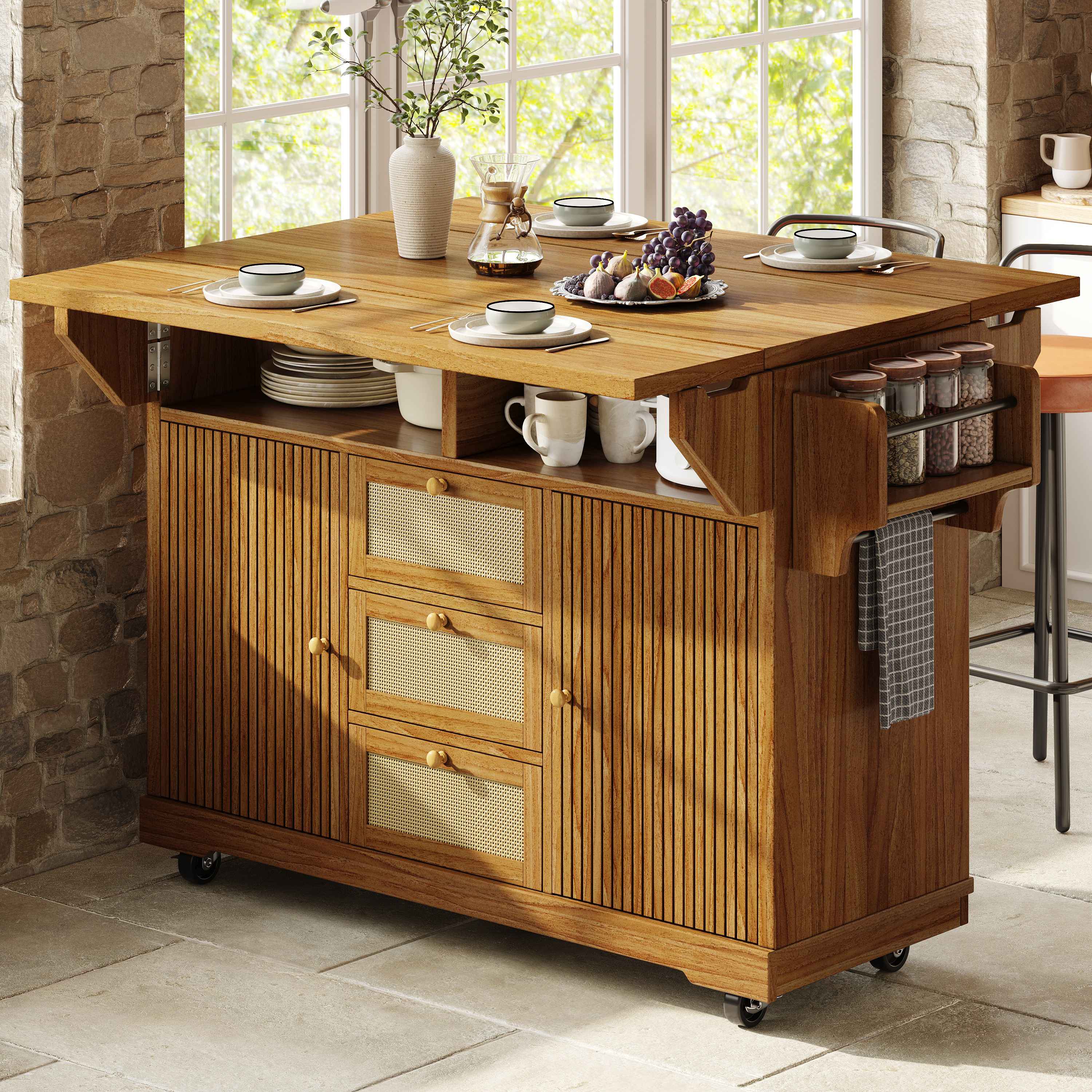 Îlot de cuisine extensible avec rangement, hauteur ergonomique 95 cm, tiroirs en rotin PE, roulettes, pour cuisine et balcon