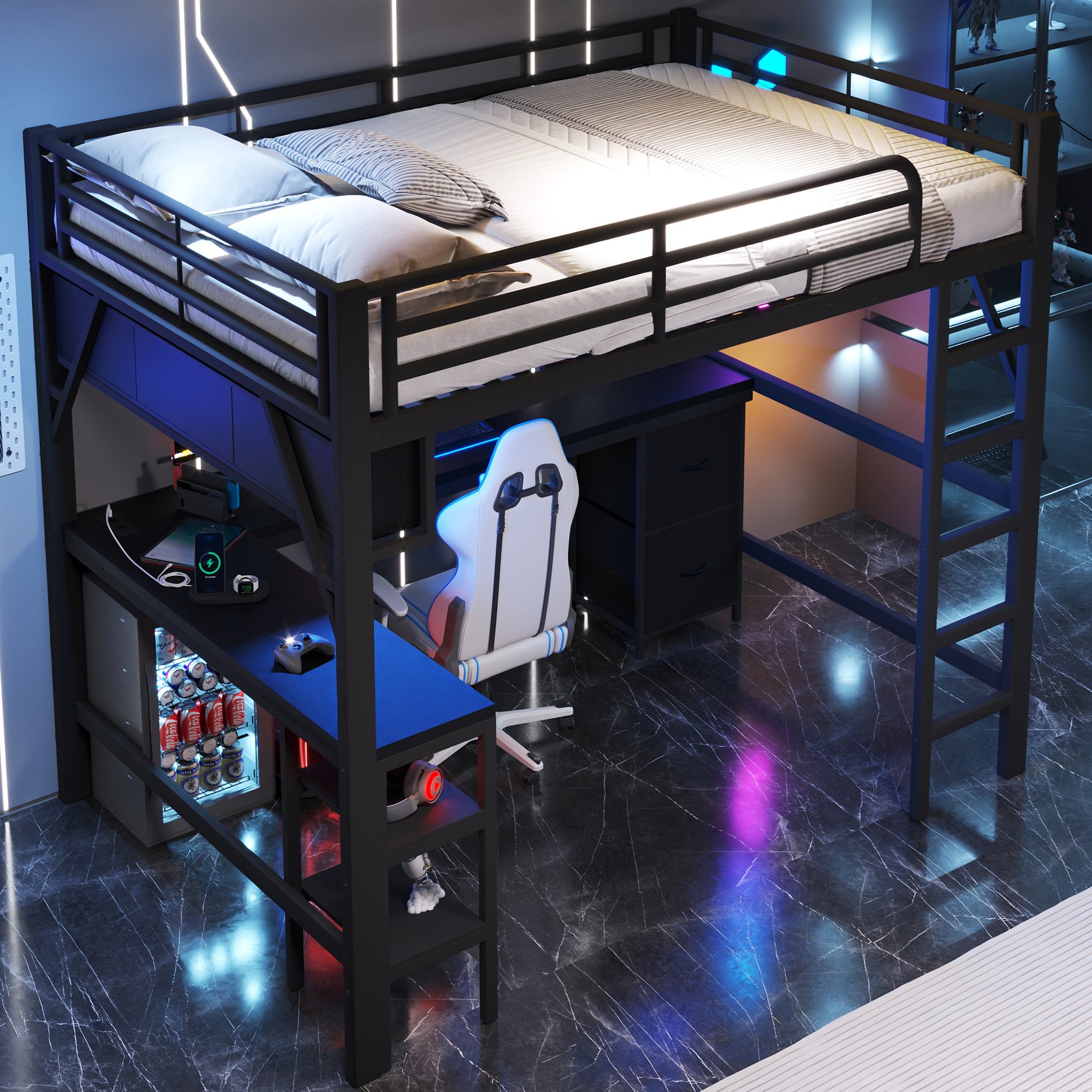 Lit mezzanine 140x200 avec bureau intégré, rangements et LED, métal noir, échelle incluse