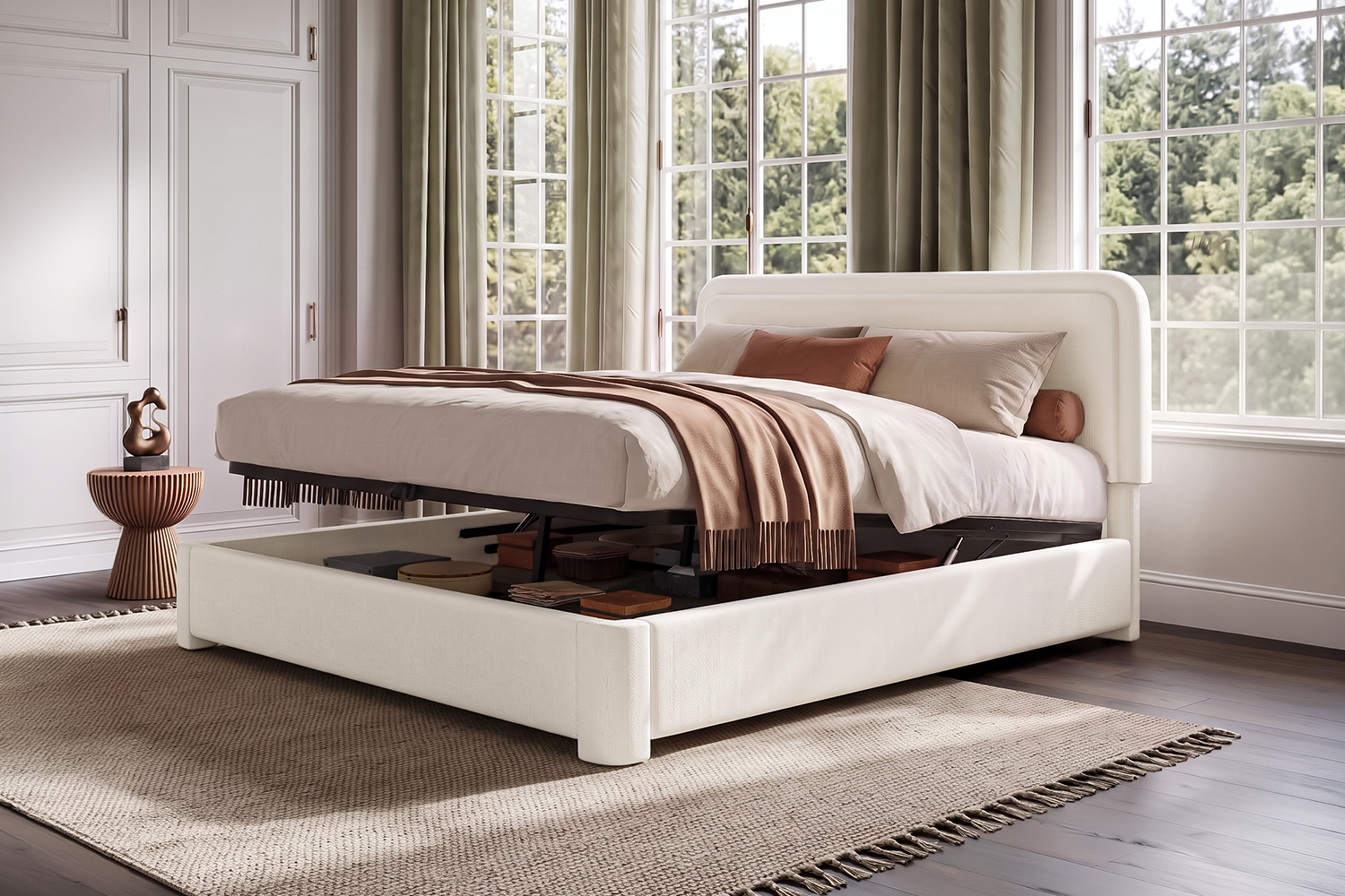 Lit coffre double 160x200 blanc bouclé, système de rangement hydraulique pratique et tête de lit ajustable pour confort optimal