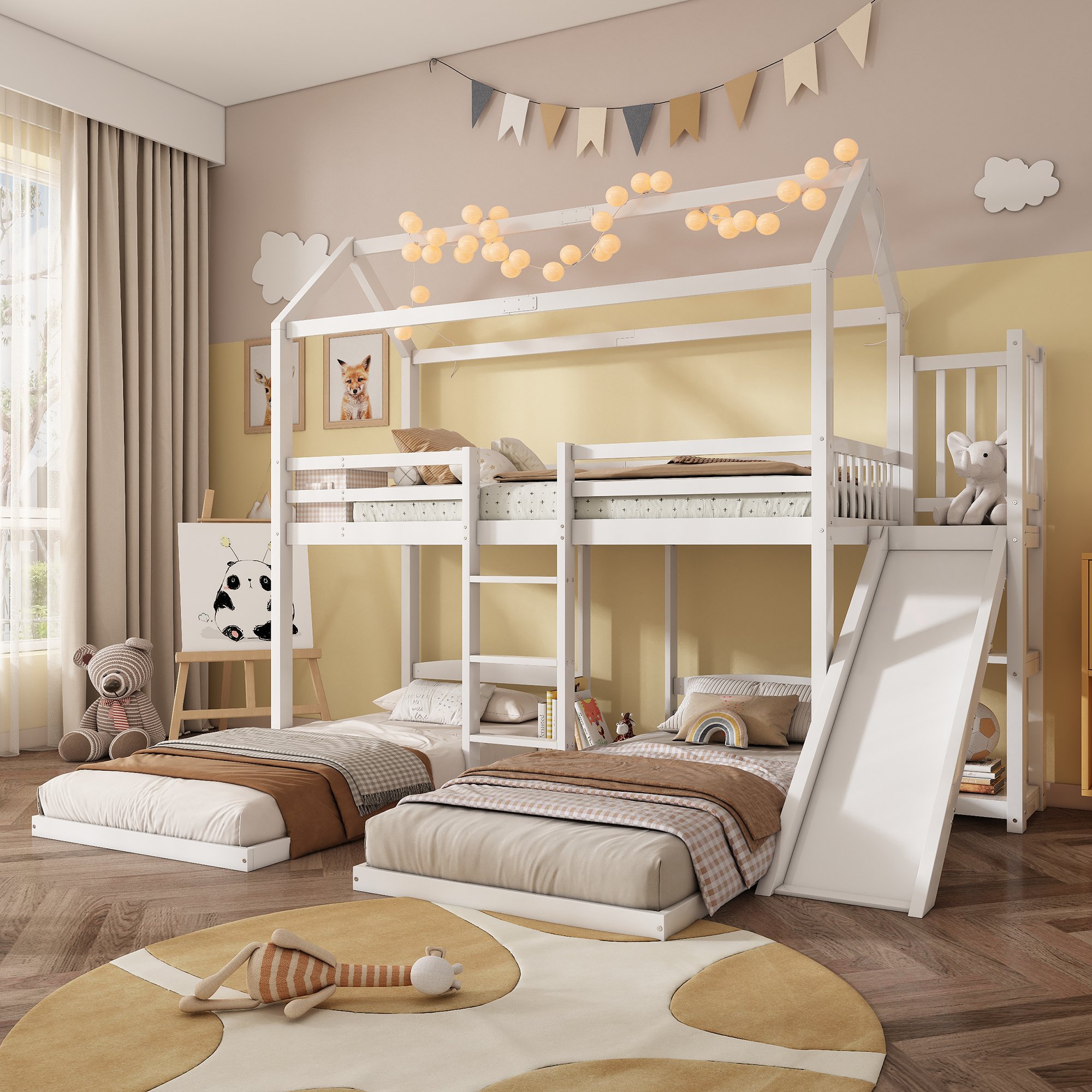 Lit superposé enfant 90x200 avec toboggan et rangement, design toit, pin et Panneau composite de fibres de bois à densité blanc