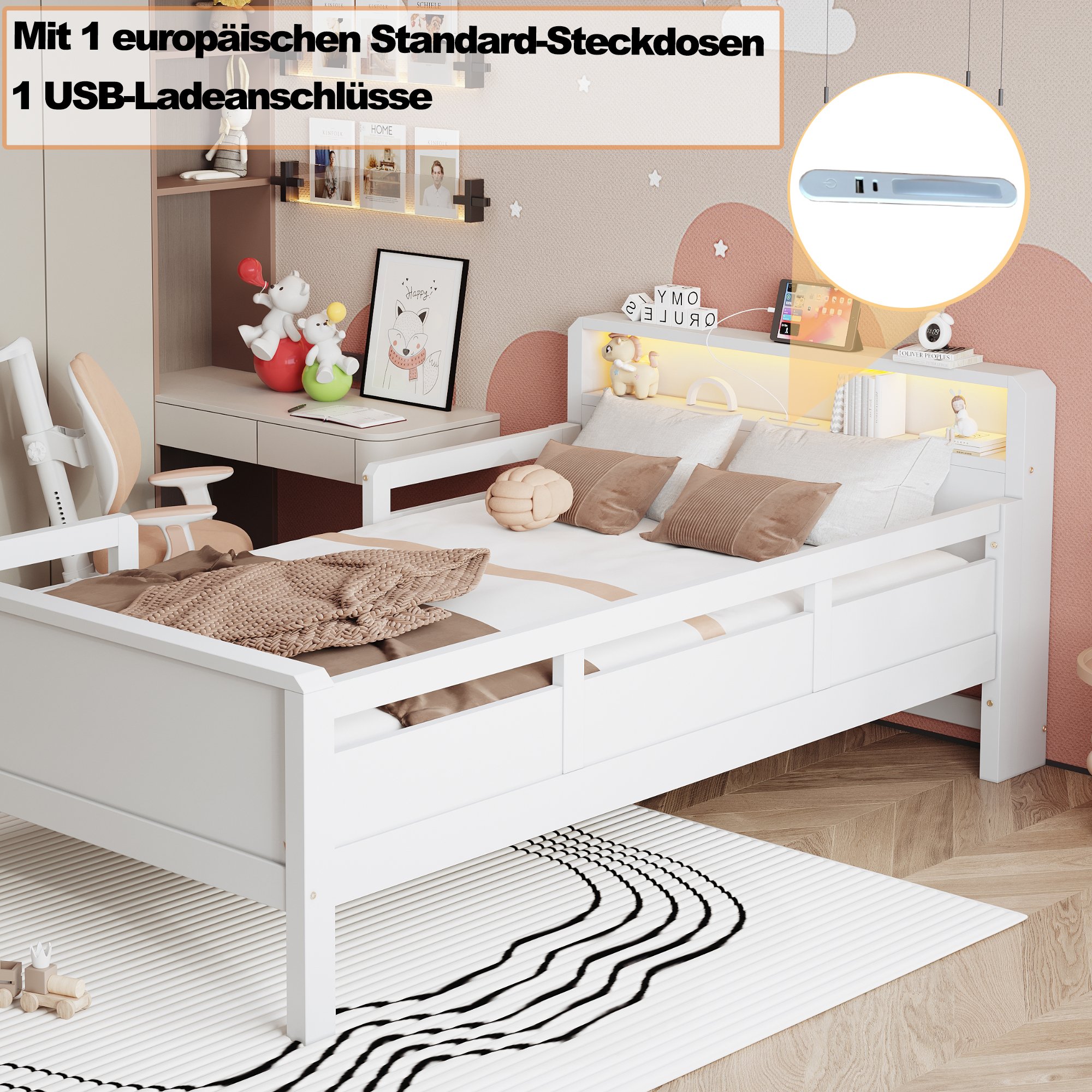Lit enfant 90x200 avec LED, prise USB et Type-C, tête de lit avec rangement, barrière de sécurité, en pin blanc