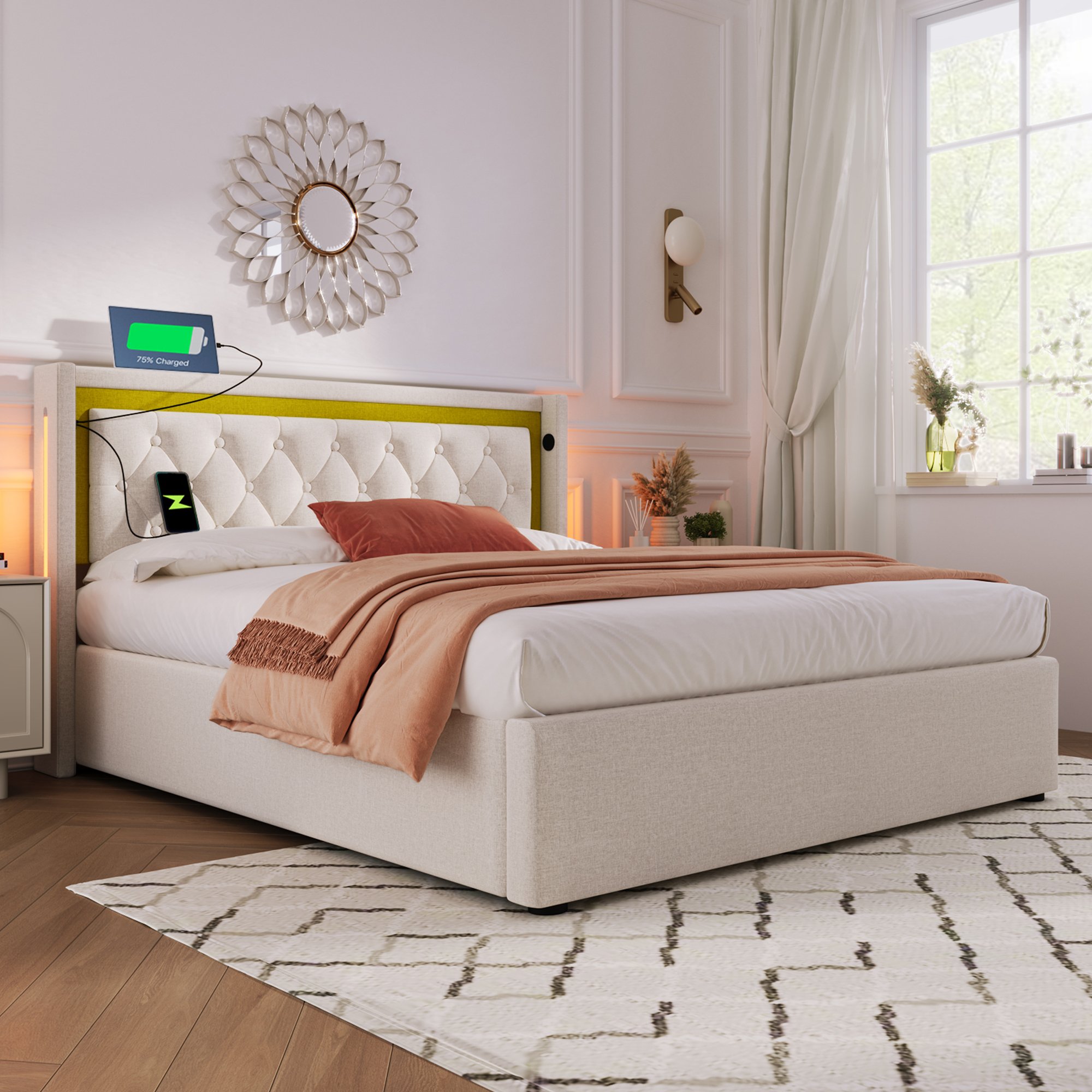 lit coffre 140x200 beige avec rangement hydraulique, LED, ports USB Type-C et sommier à lattes