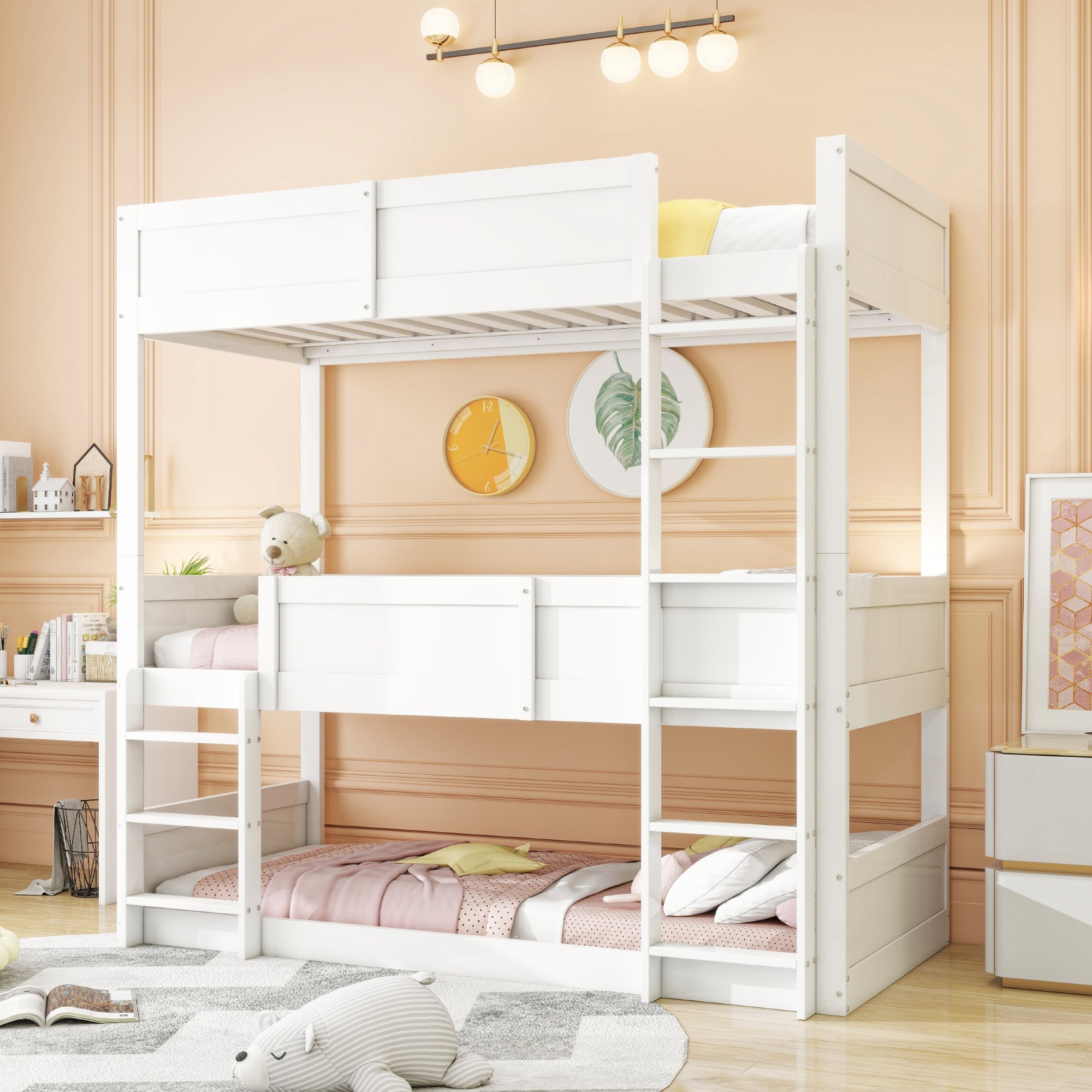 Lit mezzanine enfant 90x200 en bois massif blanc, 3 couchages, avec garde-corps et lattes