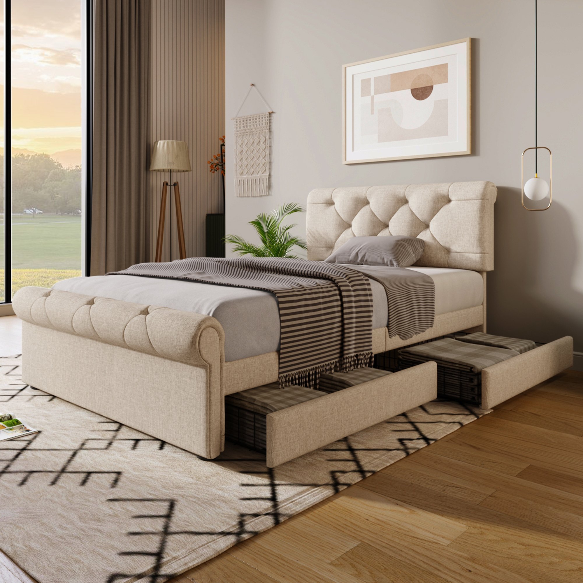 Lit coffre 90x200 avec tiroirs, lit rembourré capitonné naturel, cadre de lit 90x200 avec rangement, tête de lit réglable