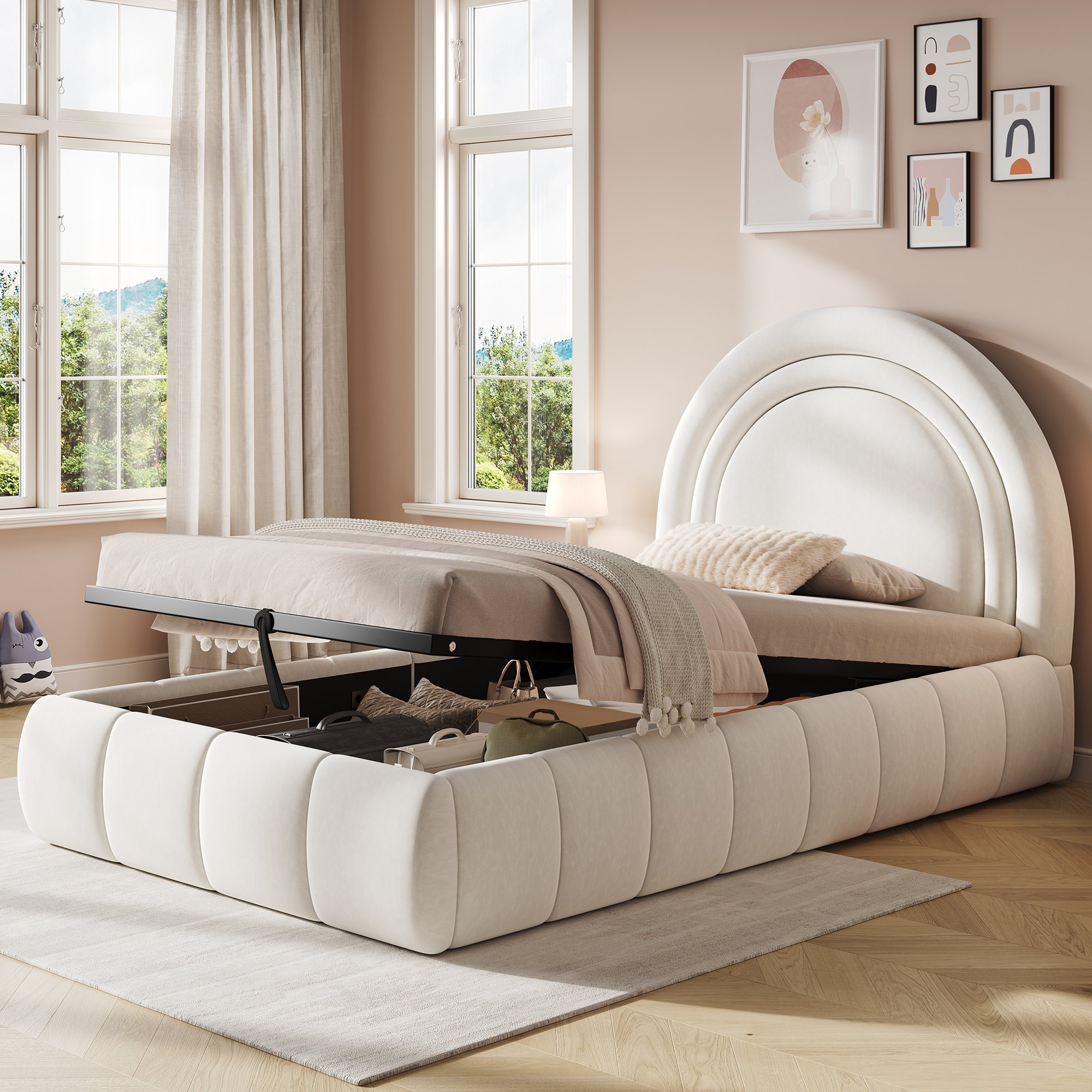Lit coffre 90x200 avec rangement hydraulique, revêtement velours beige doux, idéal pour optimiser la chambre enfant