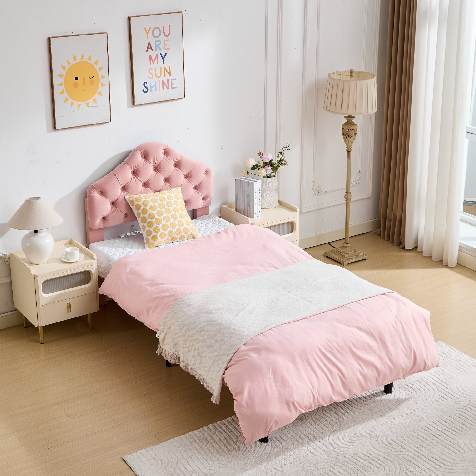 Lit simple en velours rose 90x200 cm avec tête de lit réglable et sommier à lattes