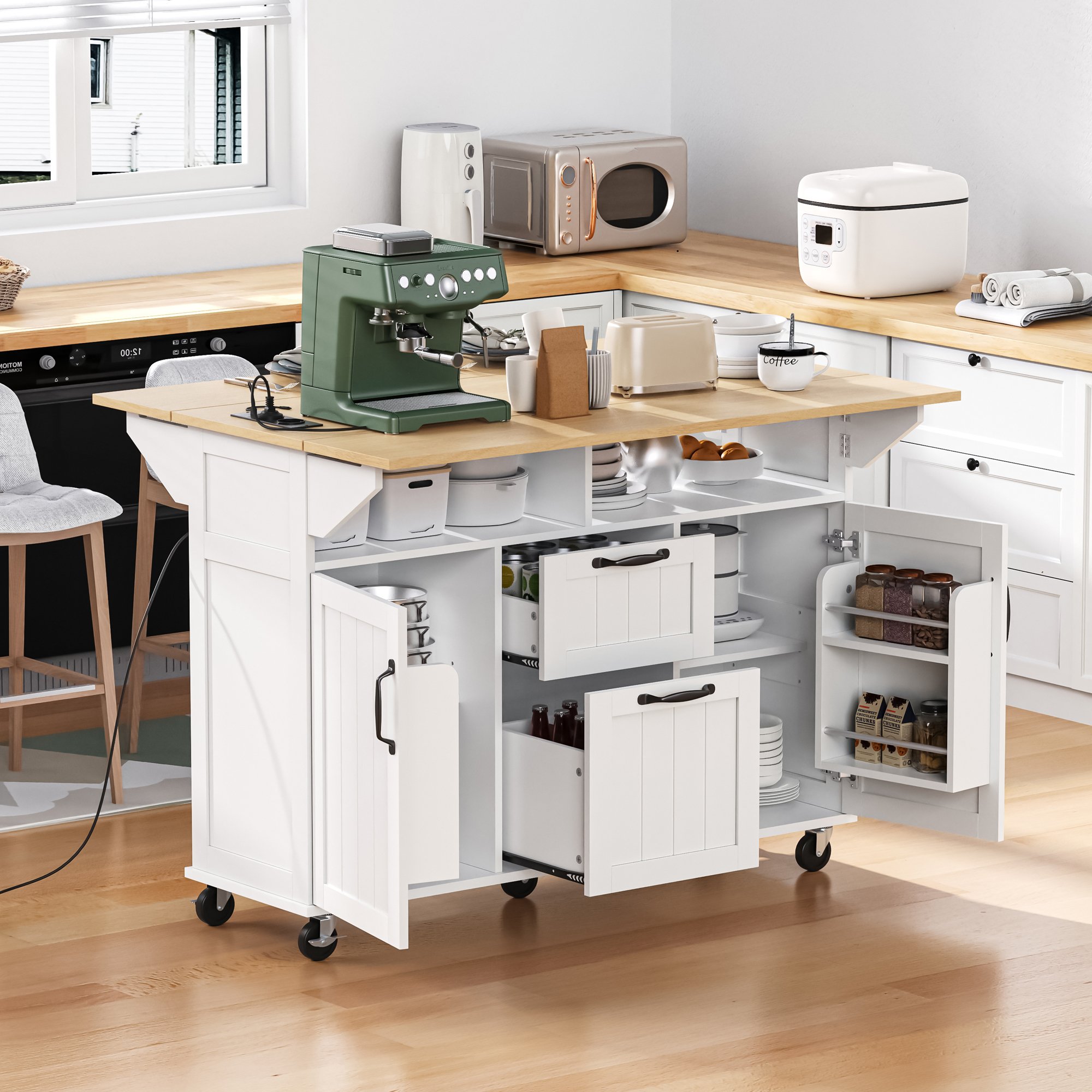 Îlot de cuisine sur roulettes avec plan de travail extensible, prises électriques et rangements