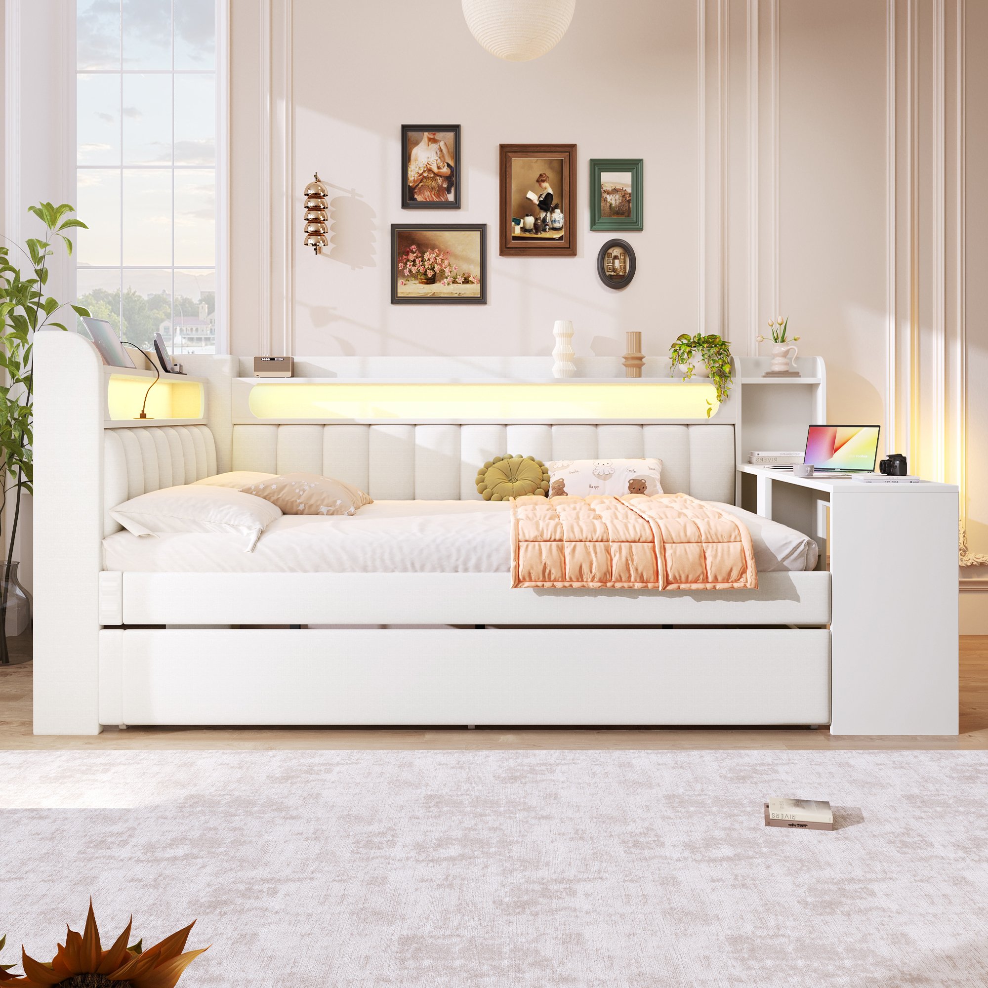 Lit gigogne avec tiroir 90x190, LED 7 couleurs et ports USB, couchage 140x200