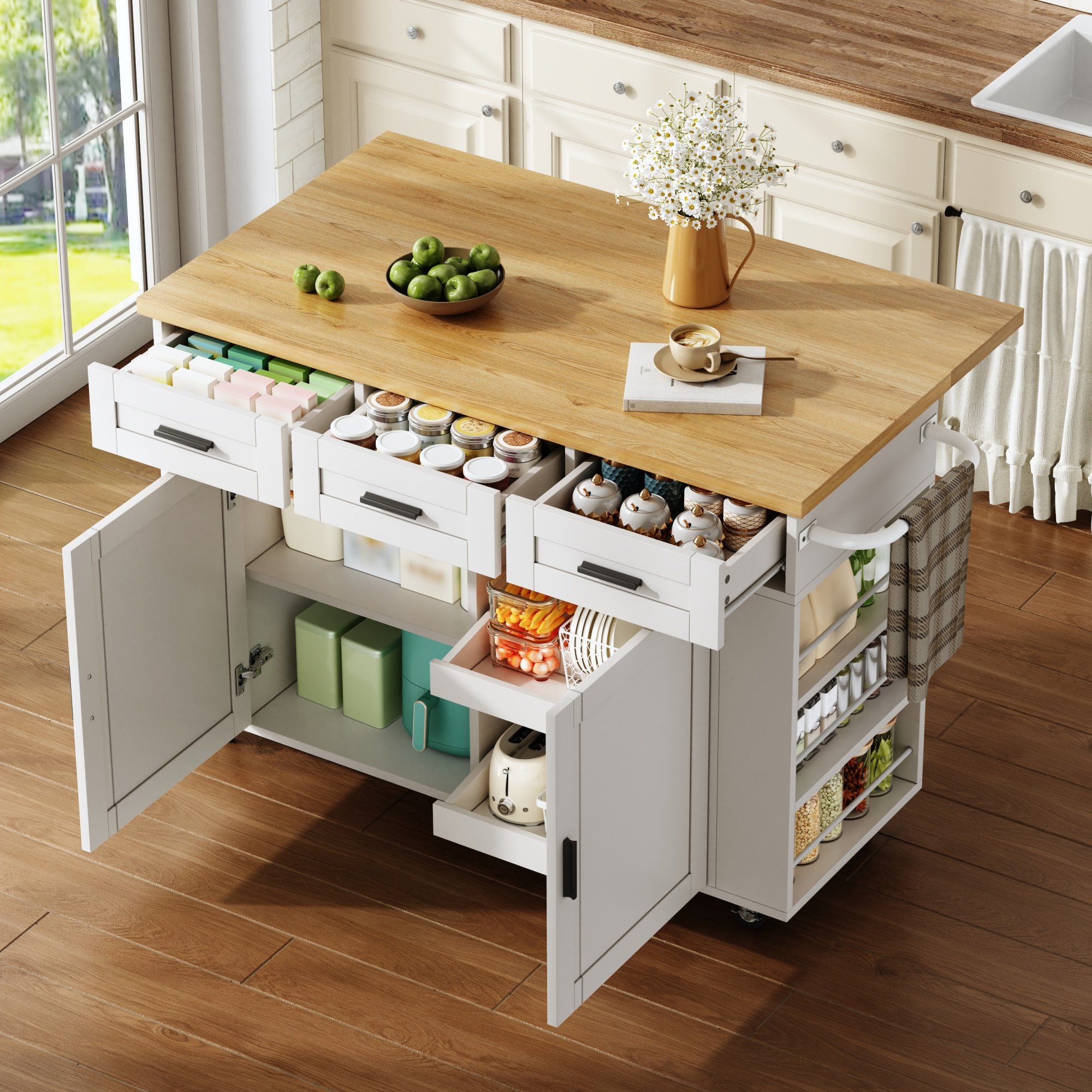 Îlot de cuisine 120x70x84 cm, avec rangement pour poubelle, étagères coulissantes, tiroirs et prises, blanc