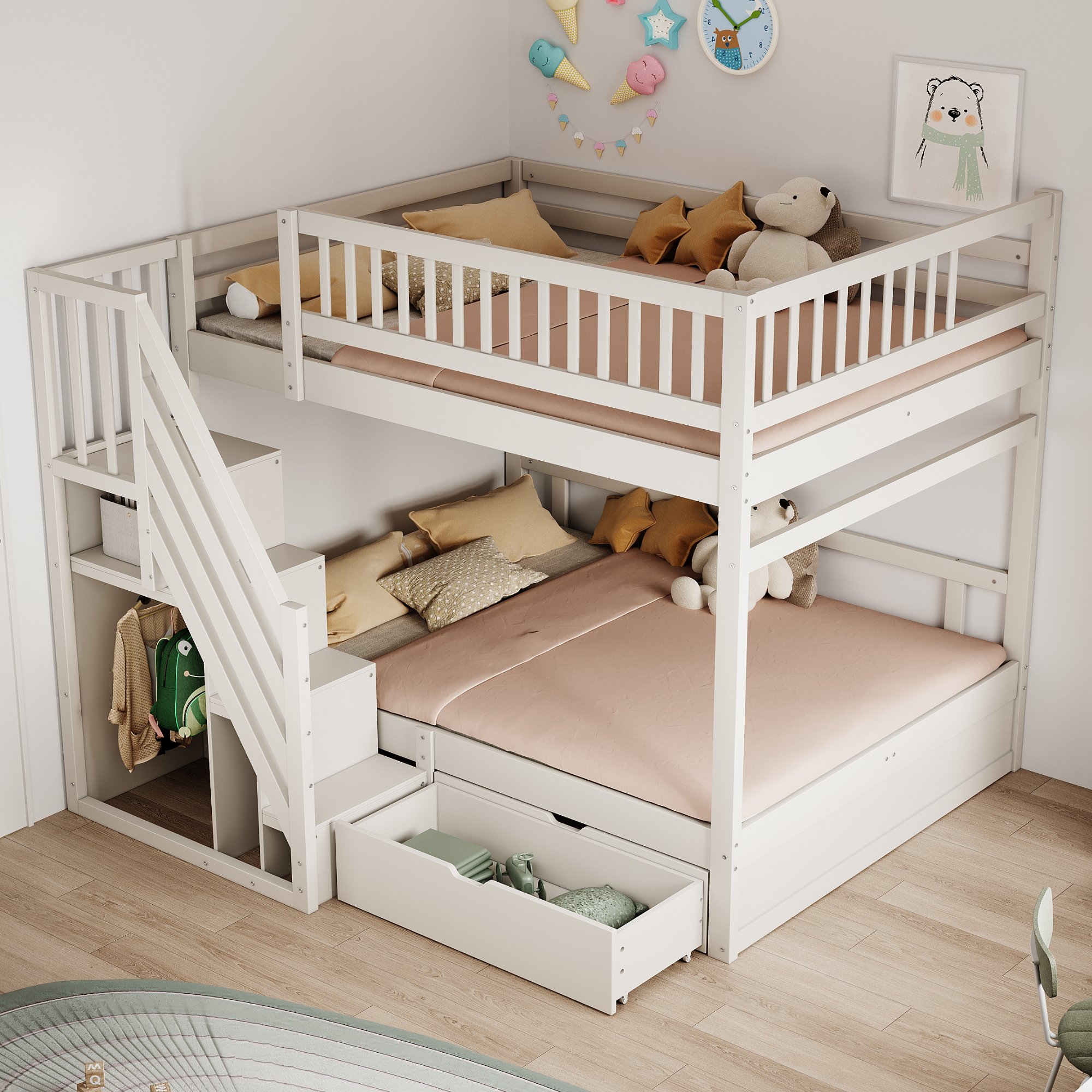 Lit superposé 140x200 avec rangement, échelle sécurisée et tiroirs, en bois massif blanc