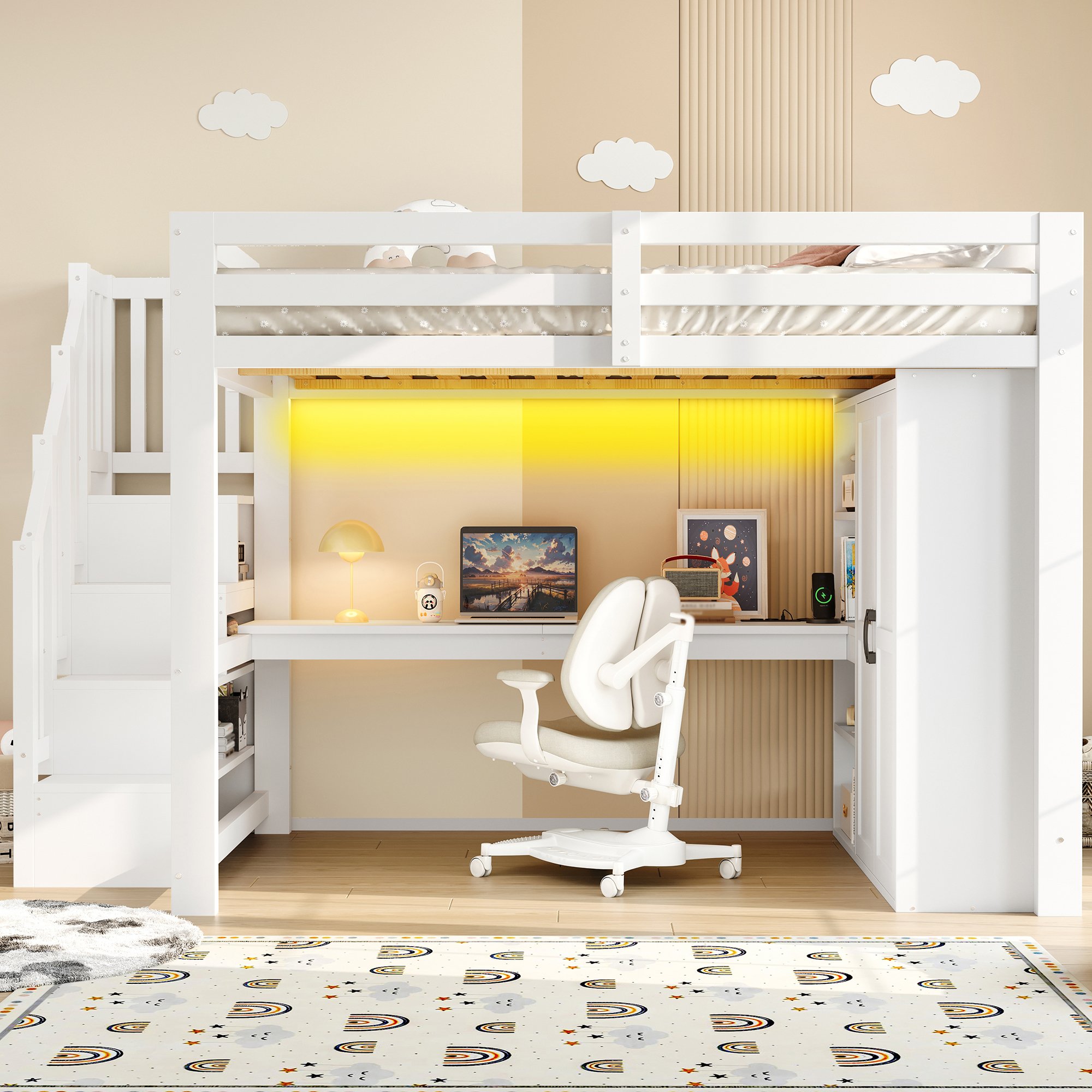 Lit mezzanine 140x200 avec bureau intégré, armoire et éclairage LED, escalier avec rangements, blanc