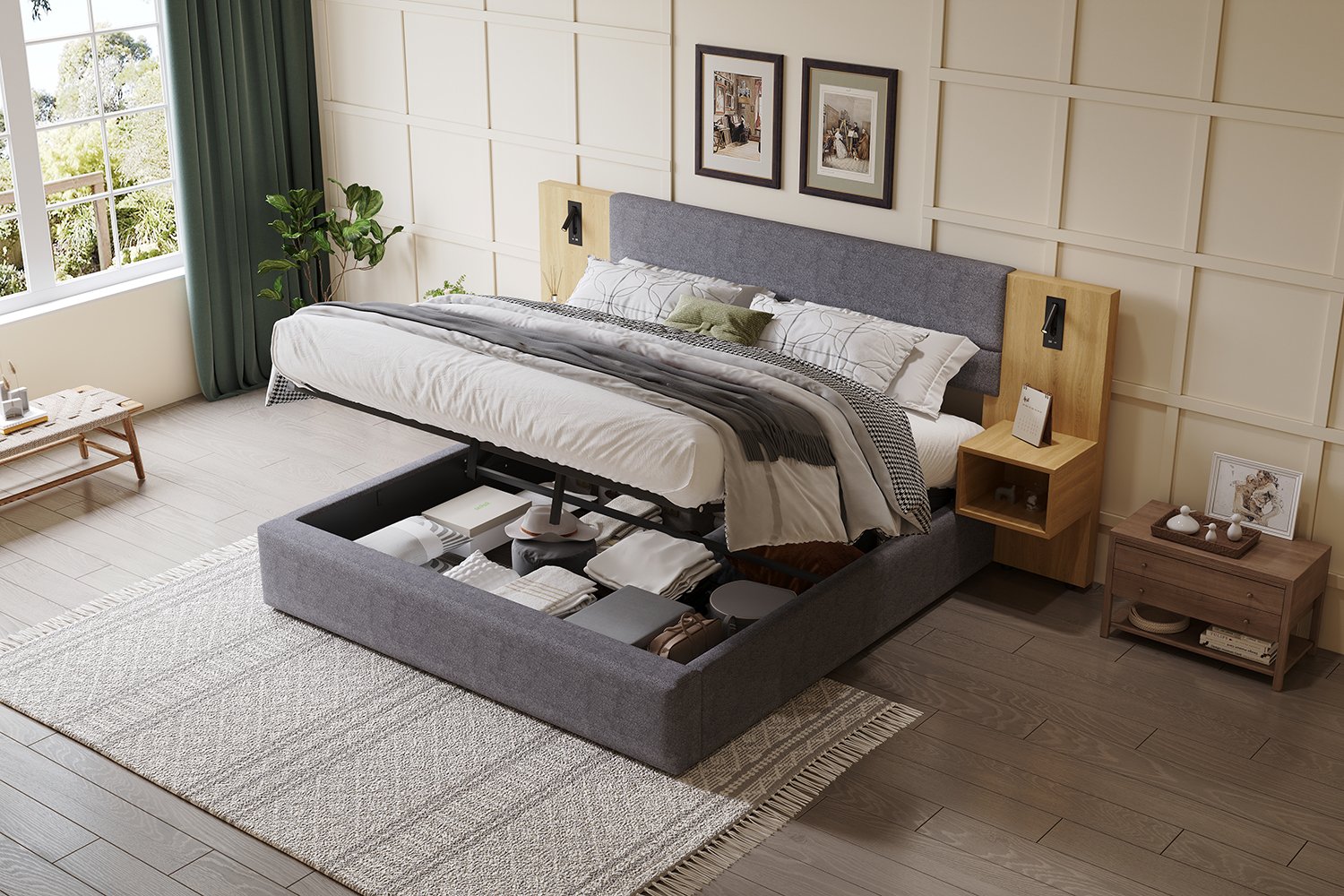 Lit coffre 160x200 cm 2 places, capacité de charge 300 kg, inclut tables de nuit avec tiroirs, port USB et éclairage LED latéral