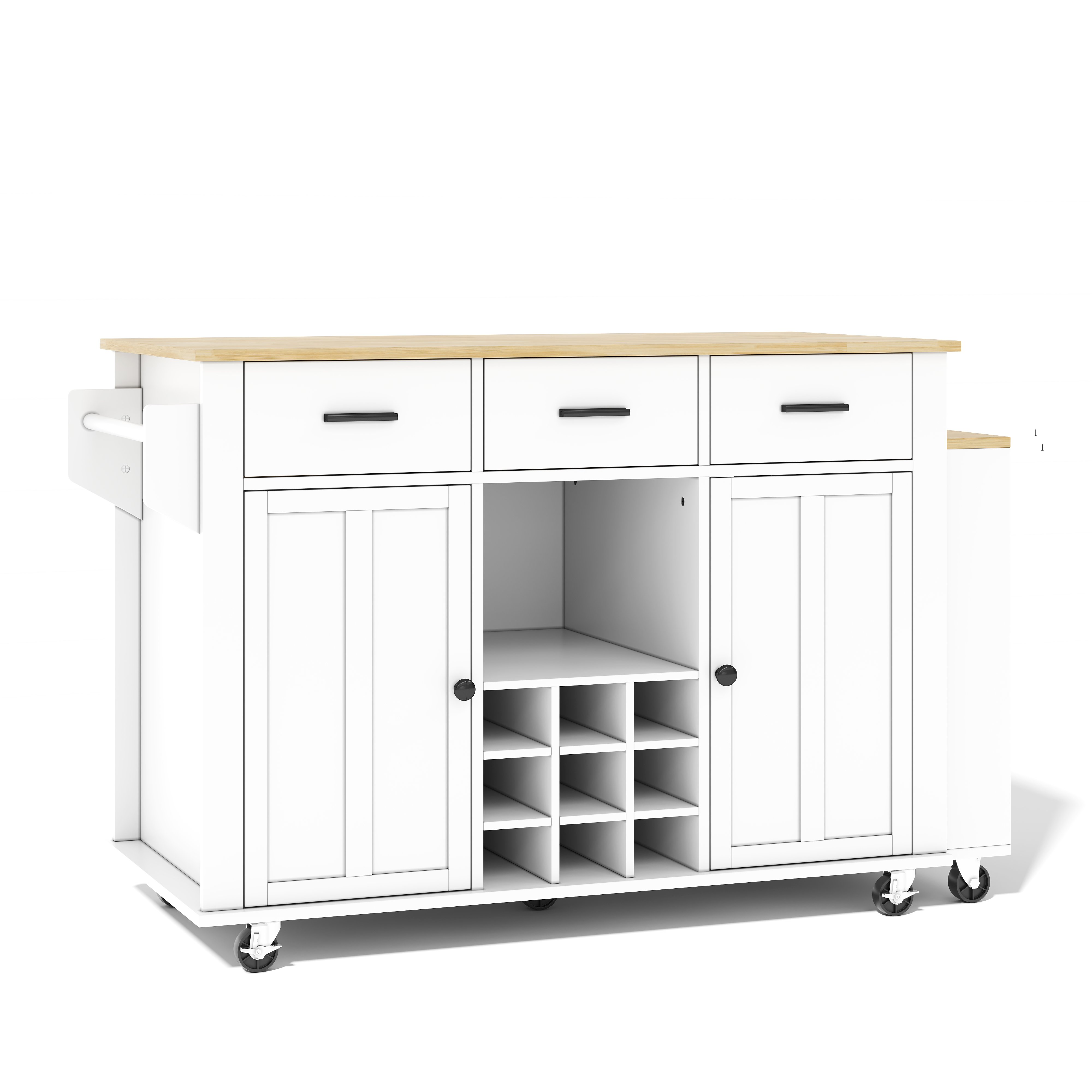 Îlot de cuisine blanc et chêne avec plan de travail extensible, rangement, 3 tiroirs, porte-bouteilles, prises USB, 7 roulettes, 136x50x93 cm