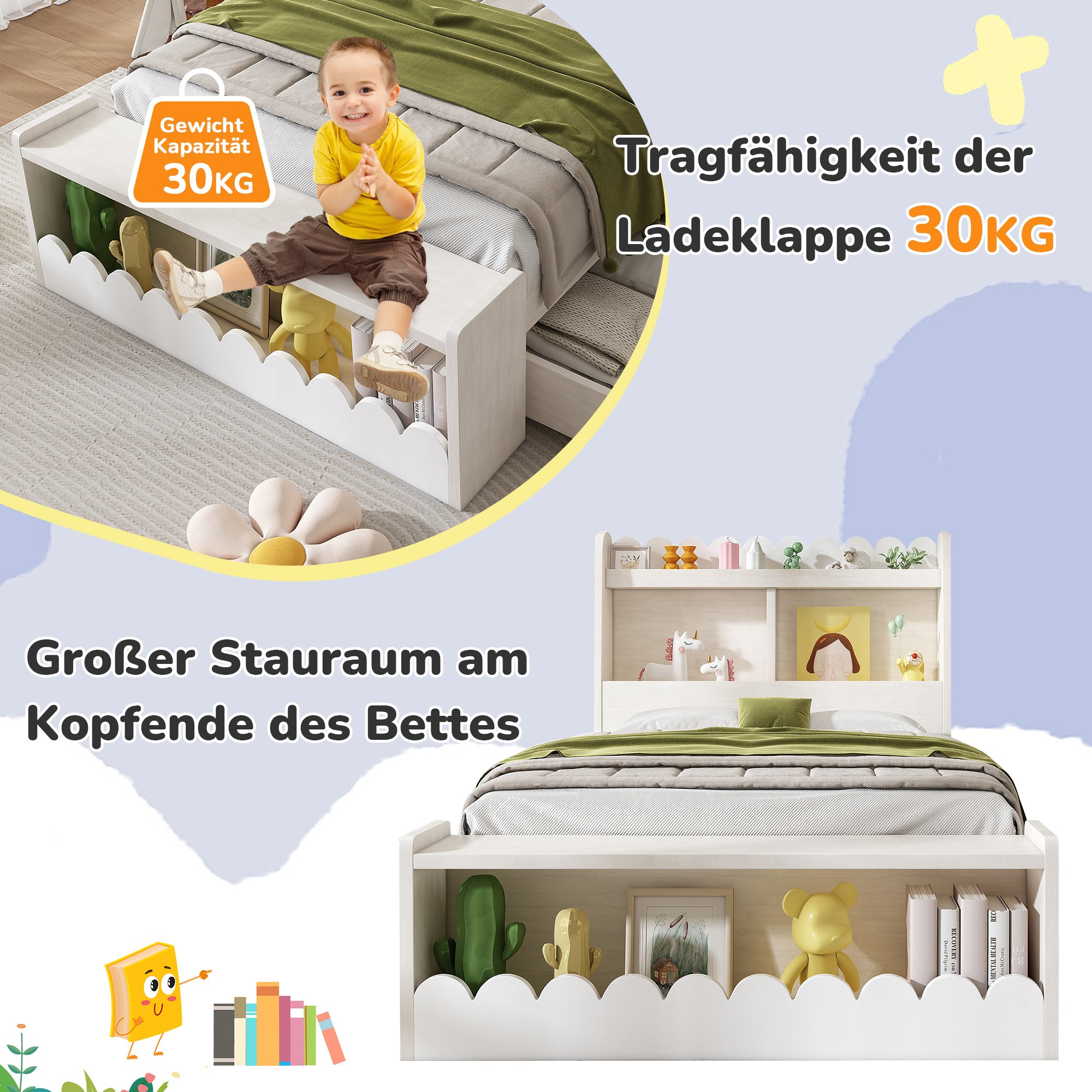 lit enfant avec tiroirs et rangement, lit coffre 90x200 en bois blanc et chêne clair avec banc intégré et étagères, sommier à lattes inclus