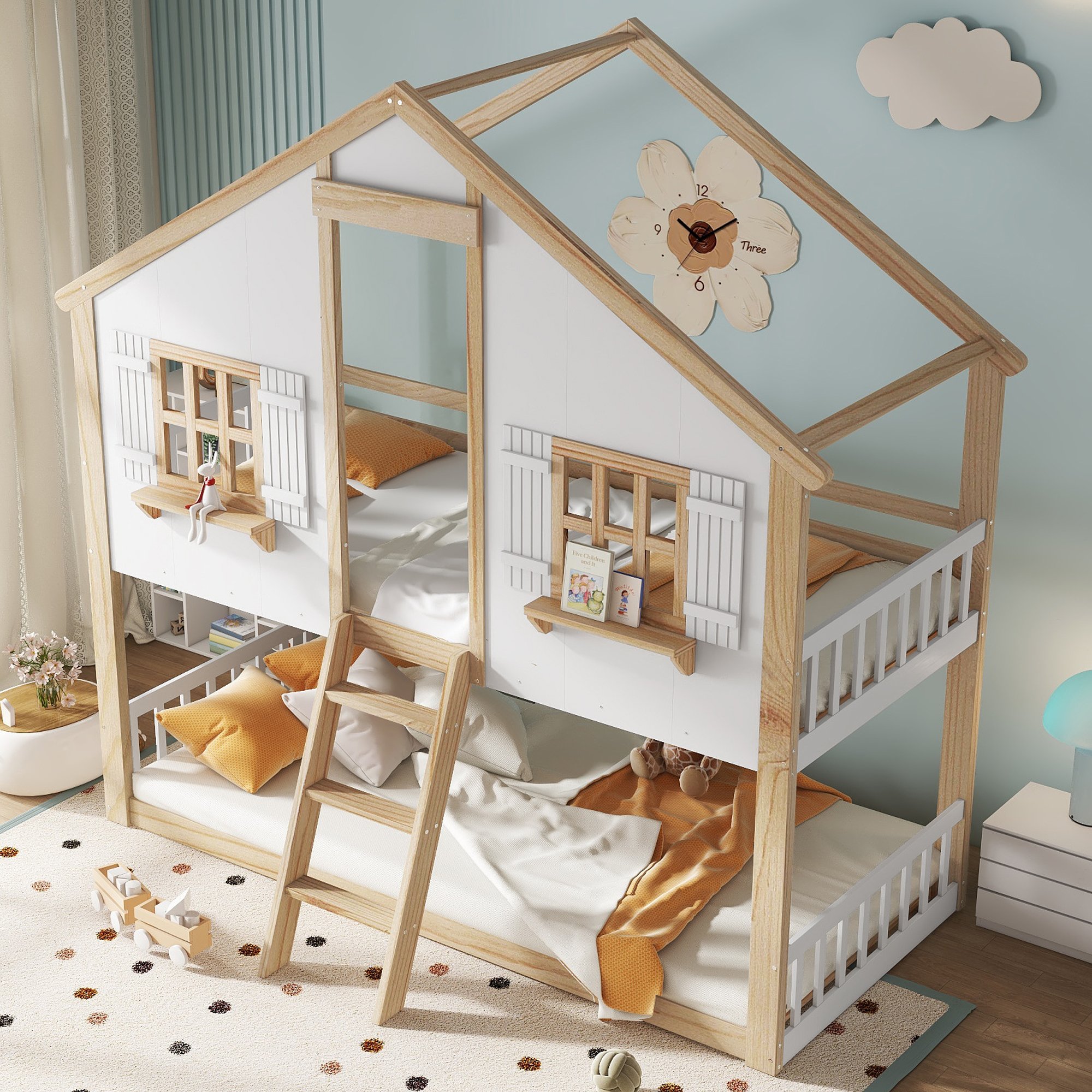 Lit superposé enfant 90x200 avec échelle inclinée, fenêtres et toit, en pin et Panneau composite de fibres de bois à densité blanc naturel