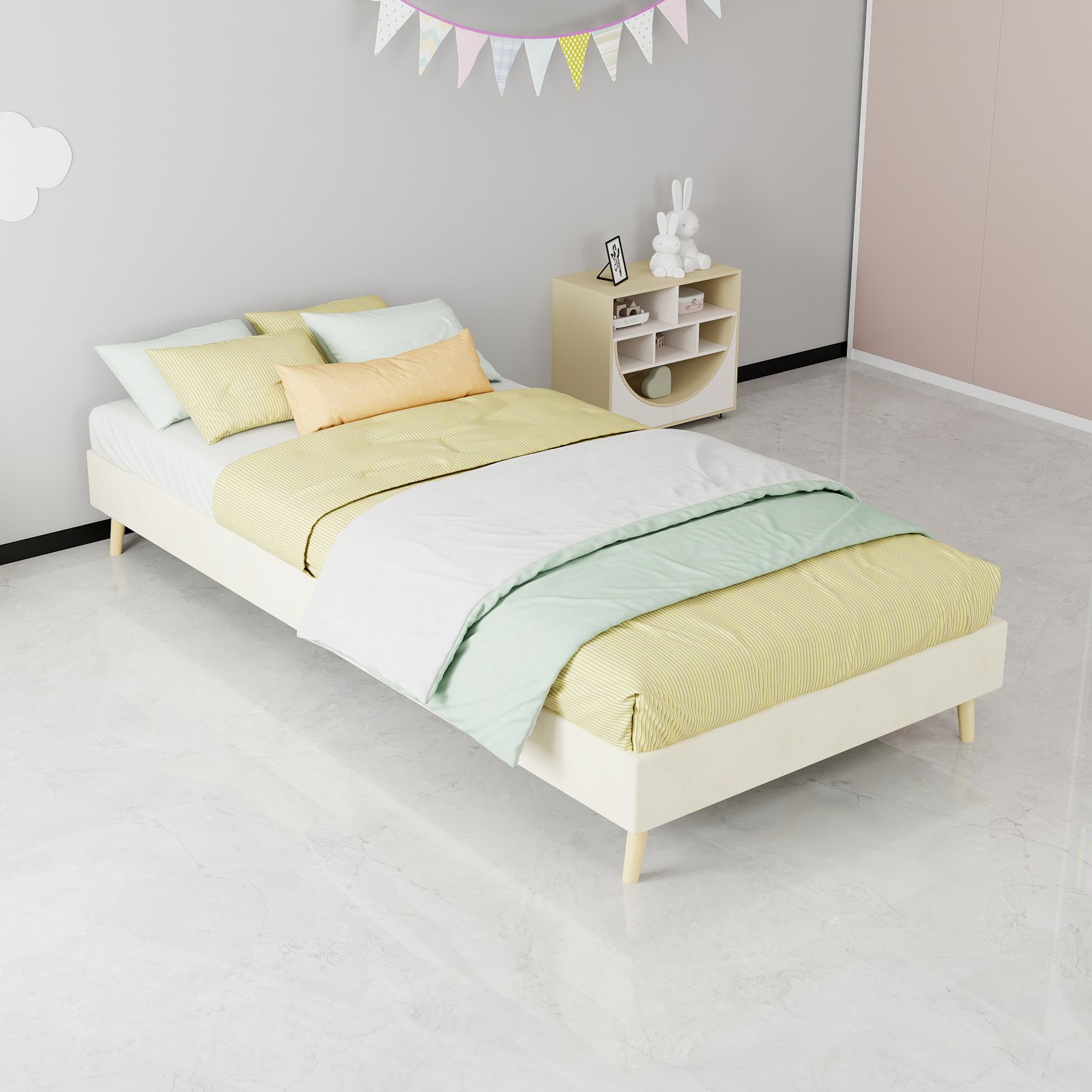 Lit rembourré en tissu velours beige, structure en panneaux de fibres et pieds en bois, 90x200 cm, design moderne