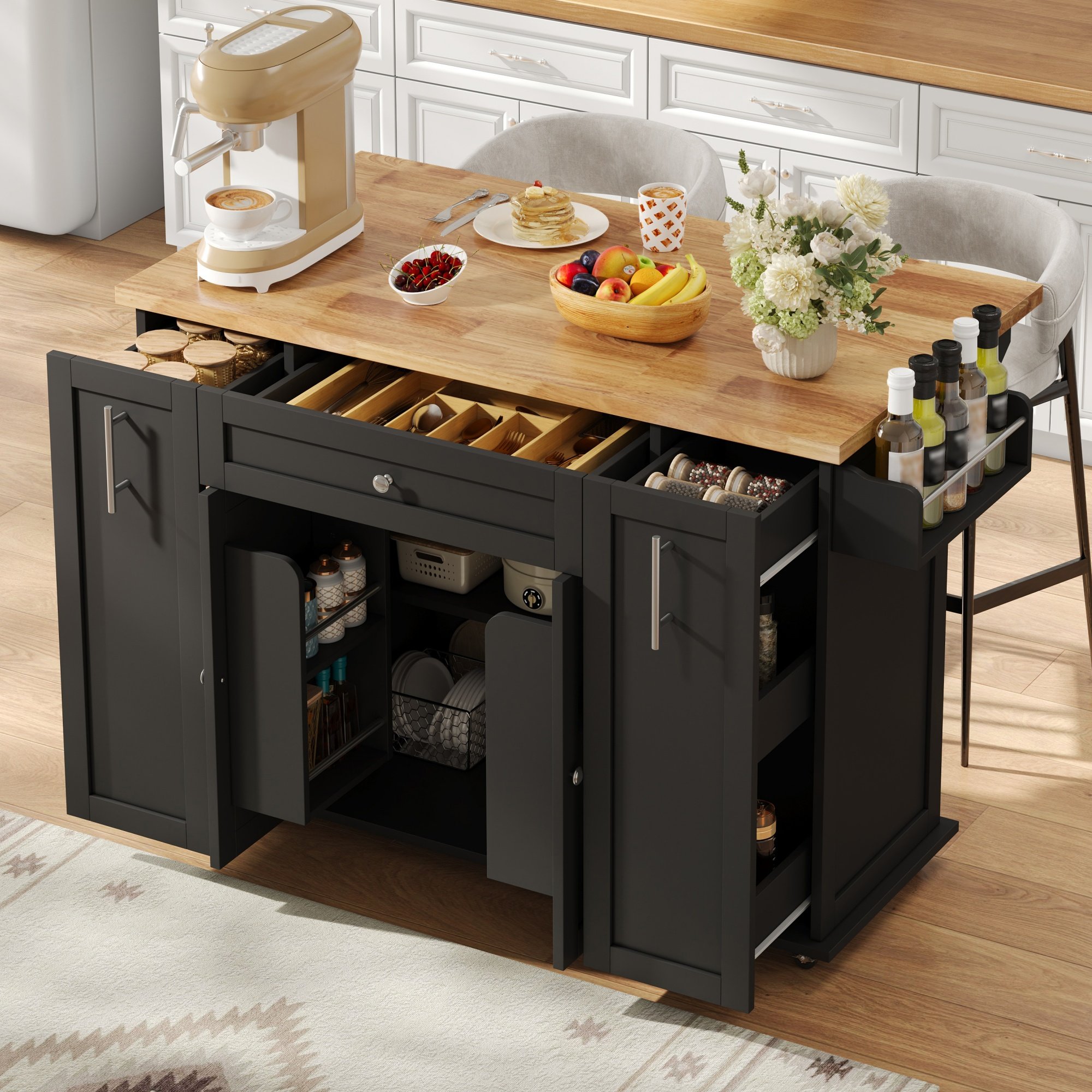 Îlot de cuisine avec plan de travail rabattable, rangement, 3 tiroirs, 2 armoires, roulettes, Panneau composite de fibres de bois à densité noir et bois naturel, 120x70x87 cm