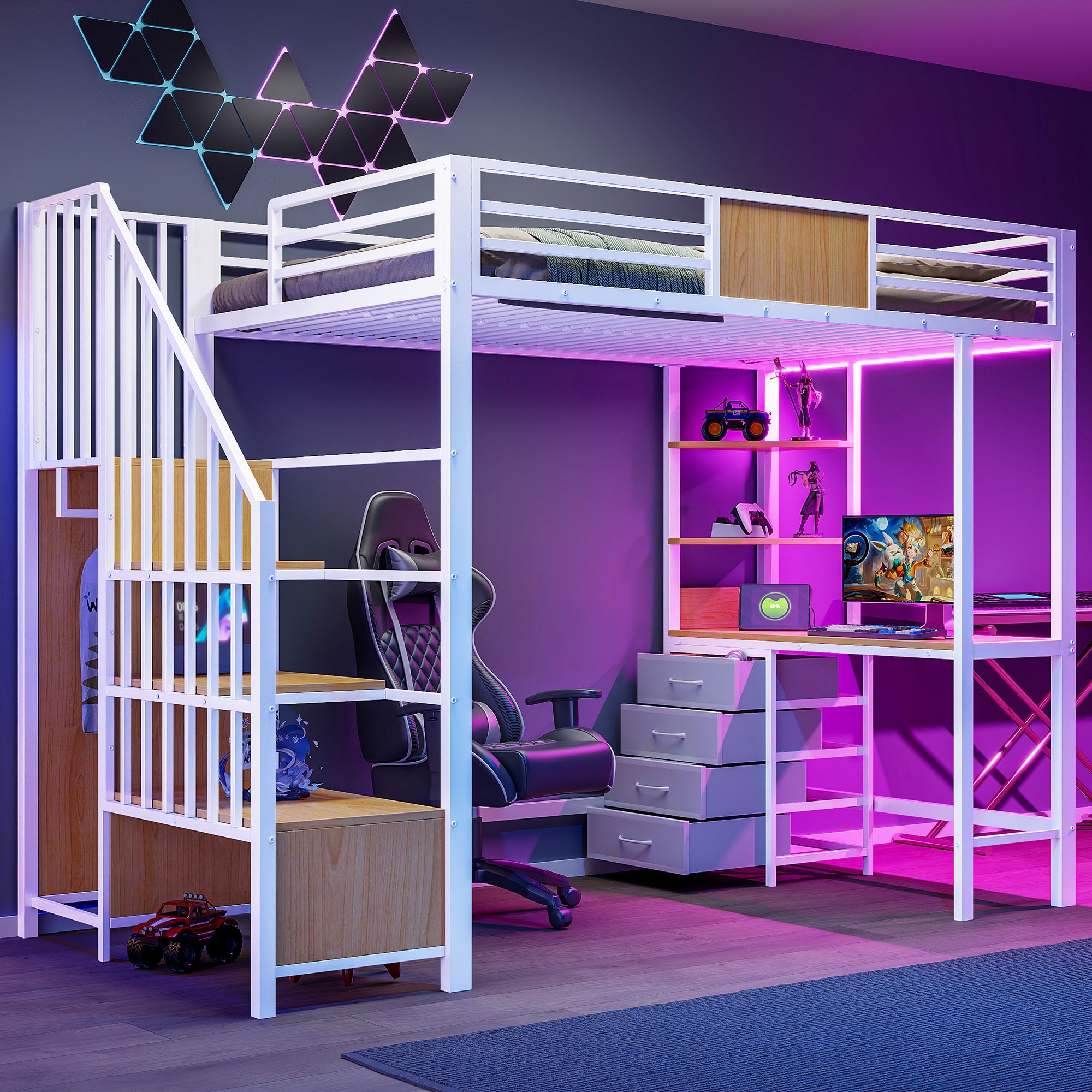 Lit superposé 90x200 avec bureau et rangements, métal blanc, LED et prise, meuble multifonction