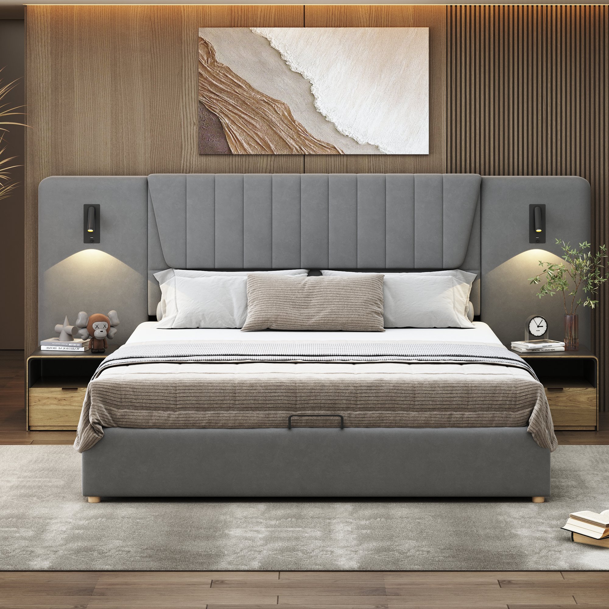 Lit coffre 180x200 en velours gris avec rangement hydraulique, lampes de lecture orientables et ports USB