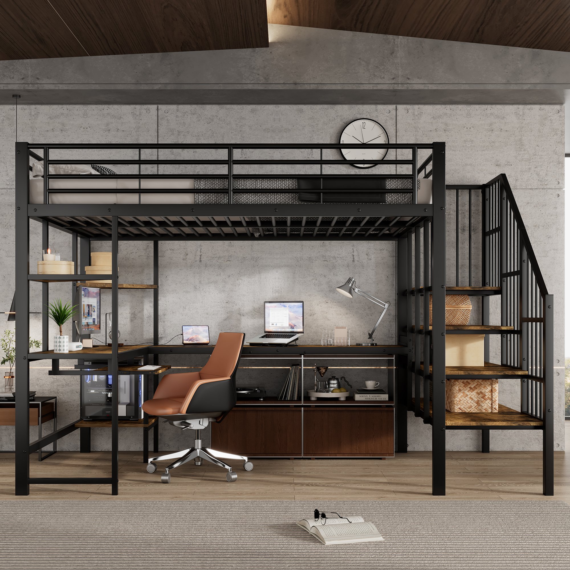 Lit mezzanine avec bureau intégré et escalier sécurisé, 120x200, fer et Panneau composite de fibres de bois à densité
