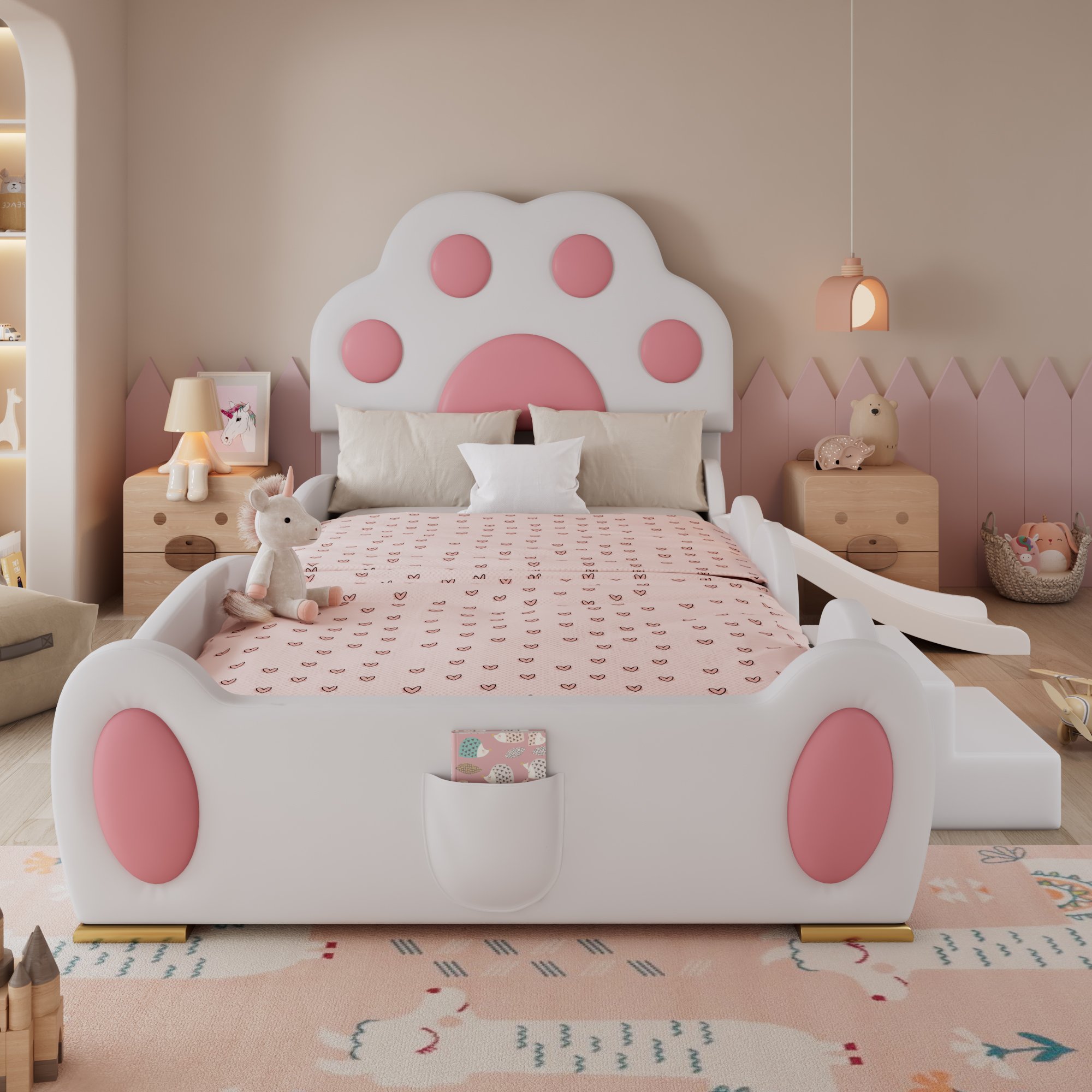 Lit enfant avec toboggan et échelle, tête de chat, rembourré, 90x200, rose et blanc, rangement
