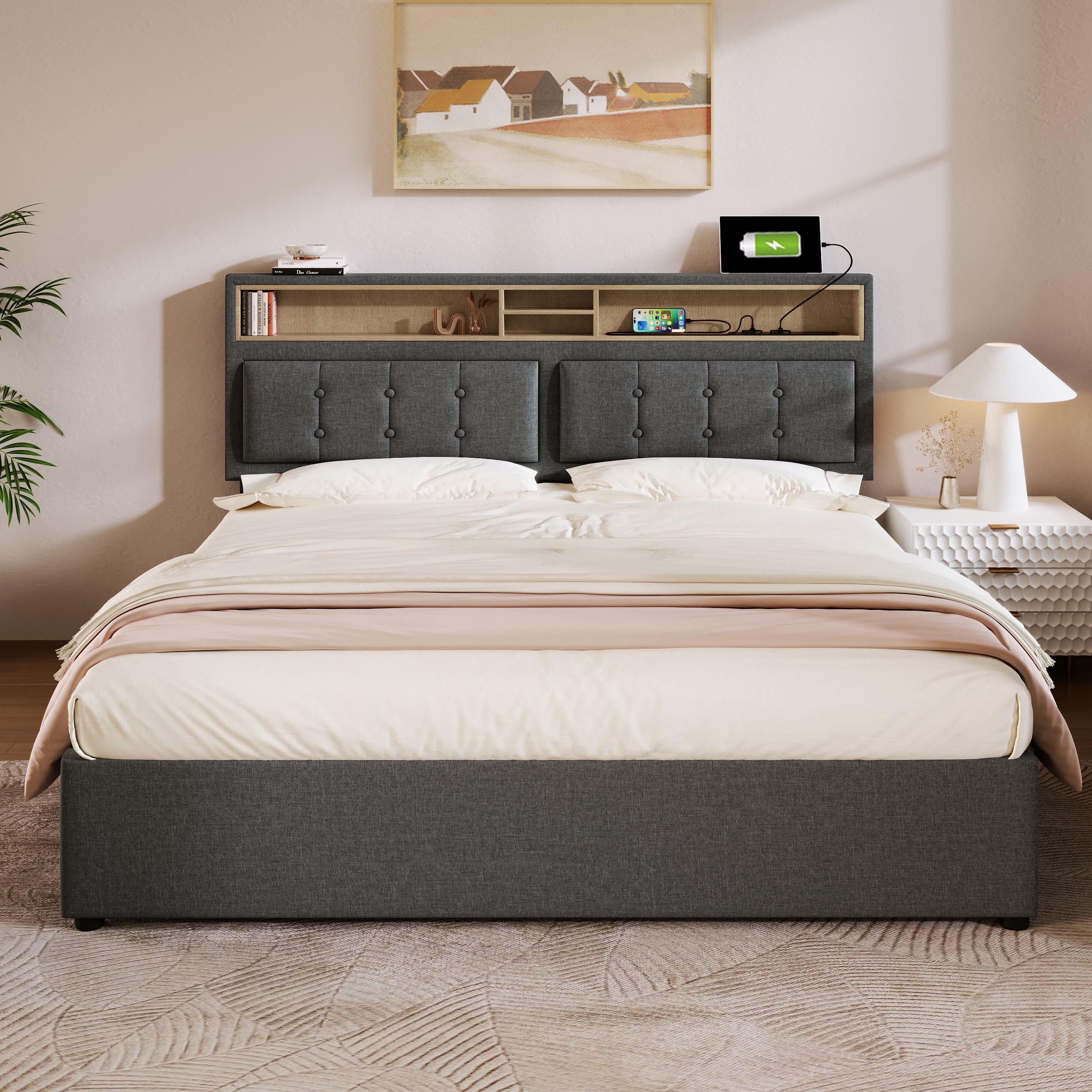 Lit double rembourré 140x200 gris en lin avec sommier à lattes, rangement hydraulique et prise USB Type-C
