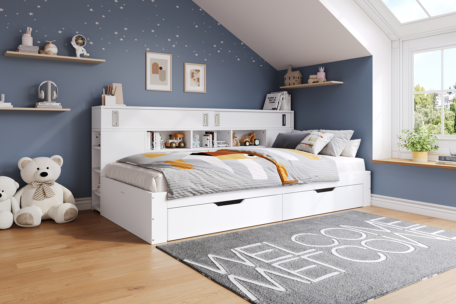 Lit coffre 90x200 blanc en Panneau composite de fibres de bois à densité avec tiroirs, étagères réglables et sommier à lattes, sans matelas, pour enfant