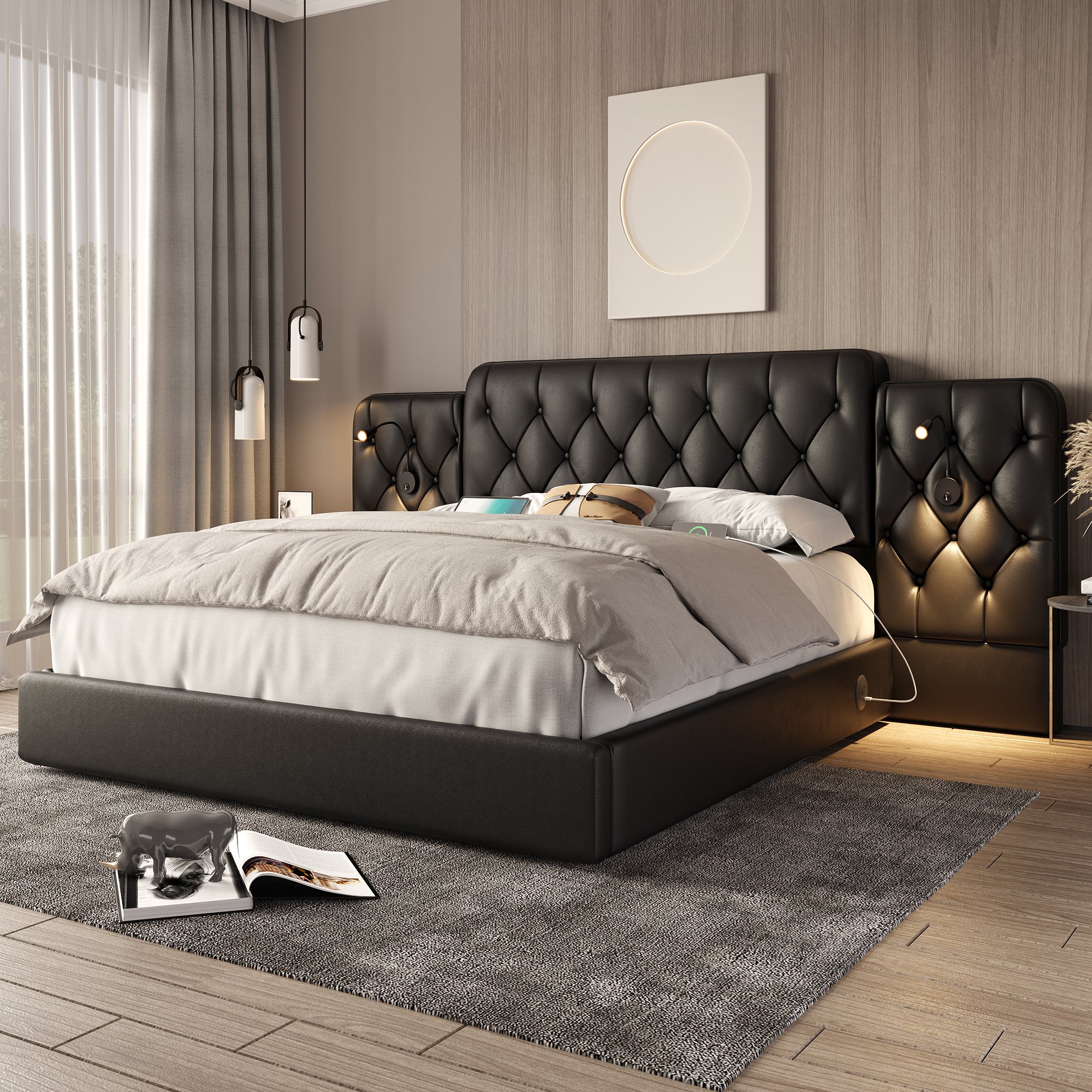 Lit coffre 160x200 avec rangement hydraulique, éclairage LED intégré, ports USB et tête de lit rembourrée, simili cuir