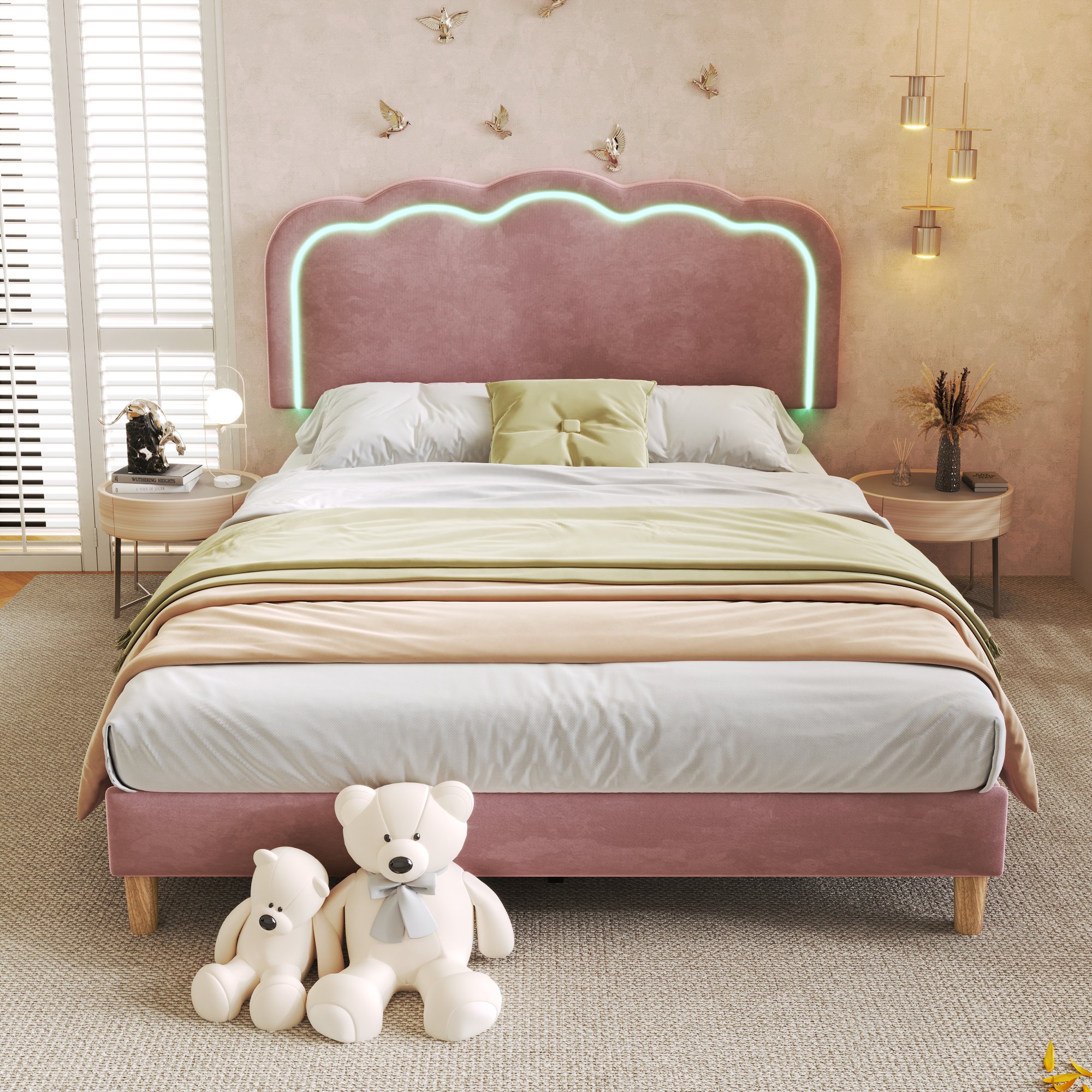 Lit double rembourré 140x200 en velours rose avec tête de lit LED réglable et sommier à lattes, style contemporain moderne