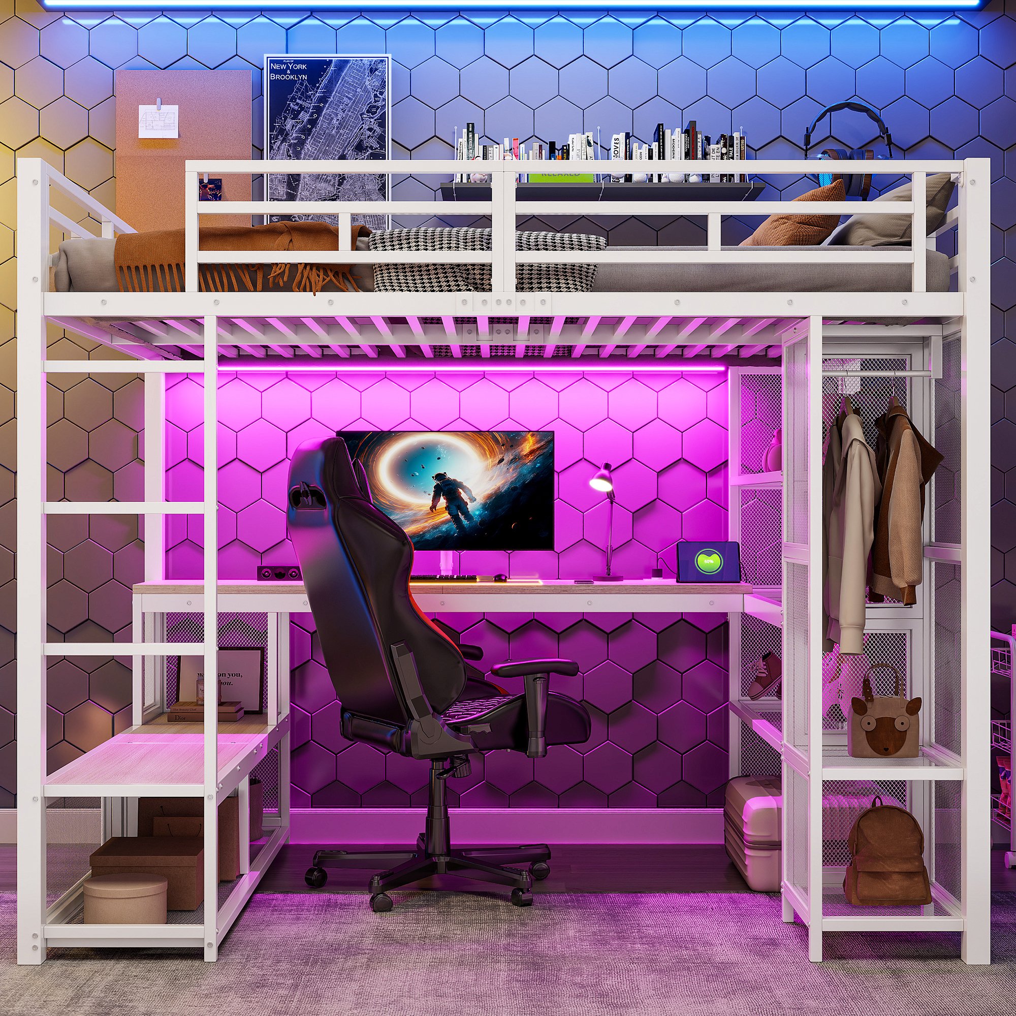 Lit mezzanine 140x200 blanc métal et Panneau composite de fibres de bois à densité avec bureau, rangements, LED et USB