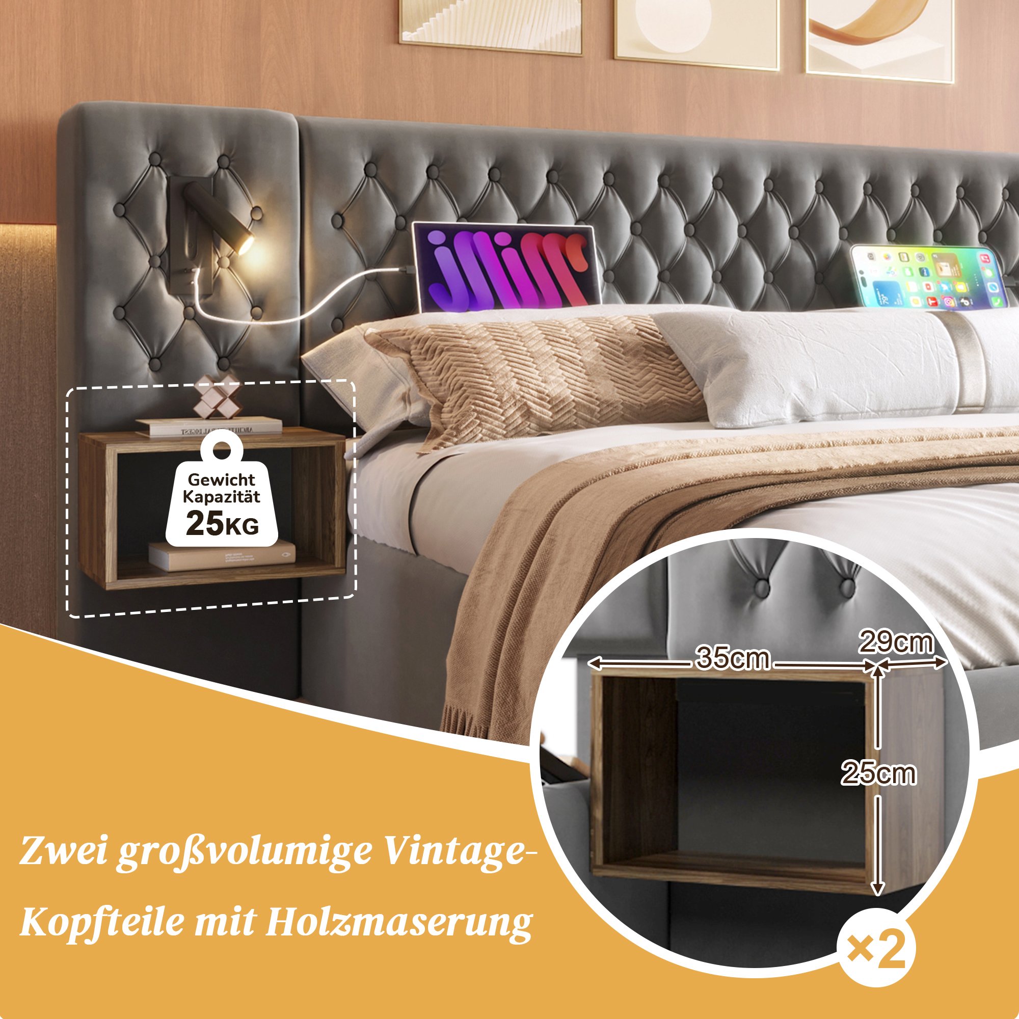 Lit coffre 160x200 velours gris avec matelas ressorts ensachés, LED USB, rangement hydraulique et tables de chevet