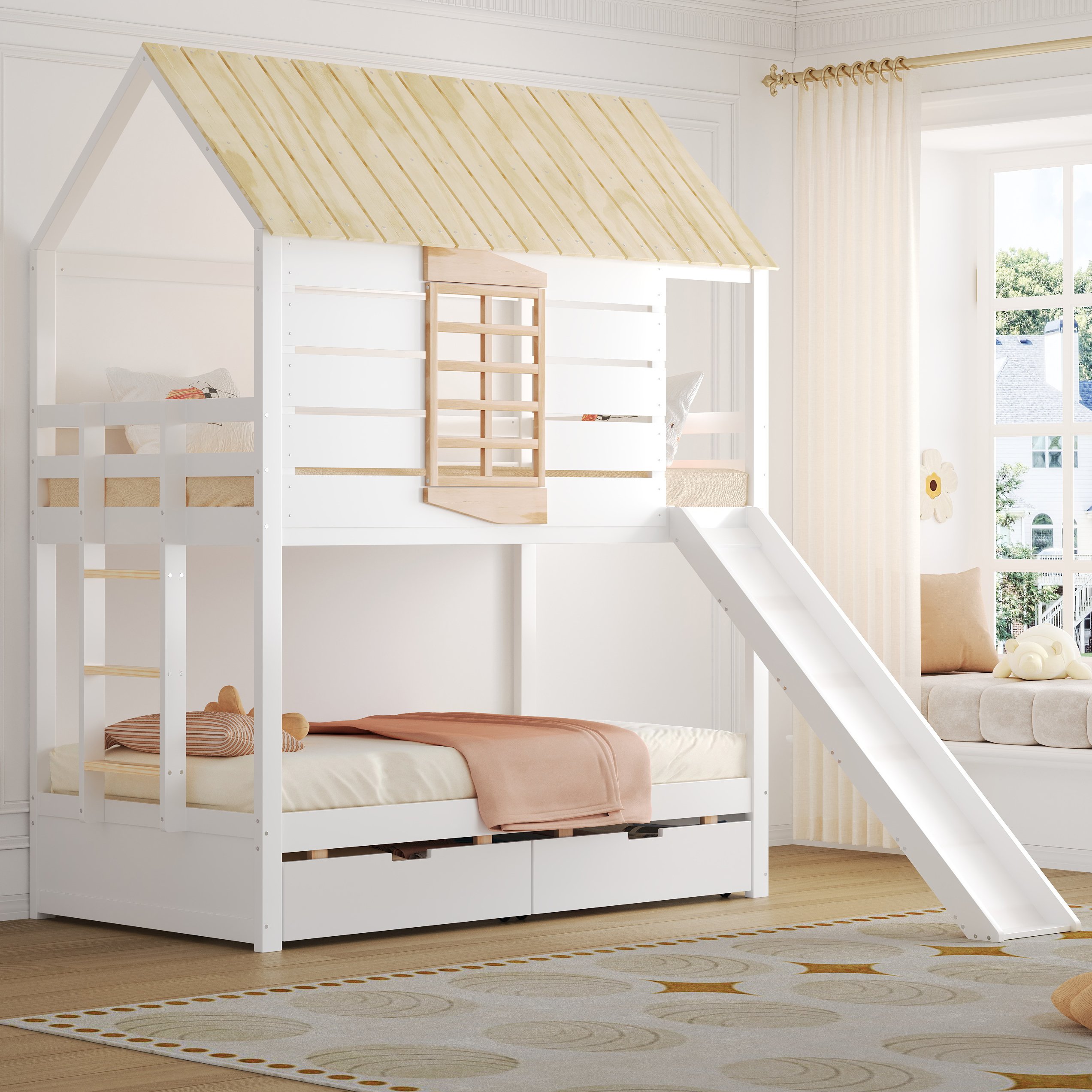Lit superposé 90x200 blanc et naturel avec toboggan et 2 tiroirs