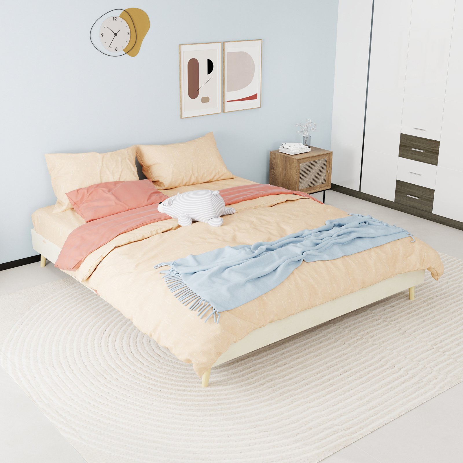 Lit 160x200 avec sommier en velours beige, cadre moderne à profil bas, tête de lit séparée, sans matelas, montage facile