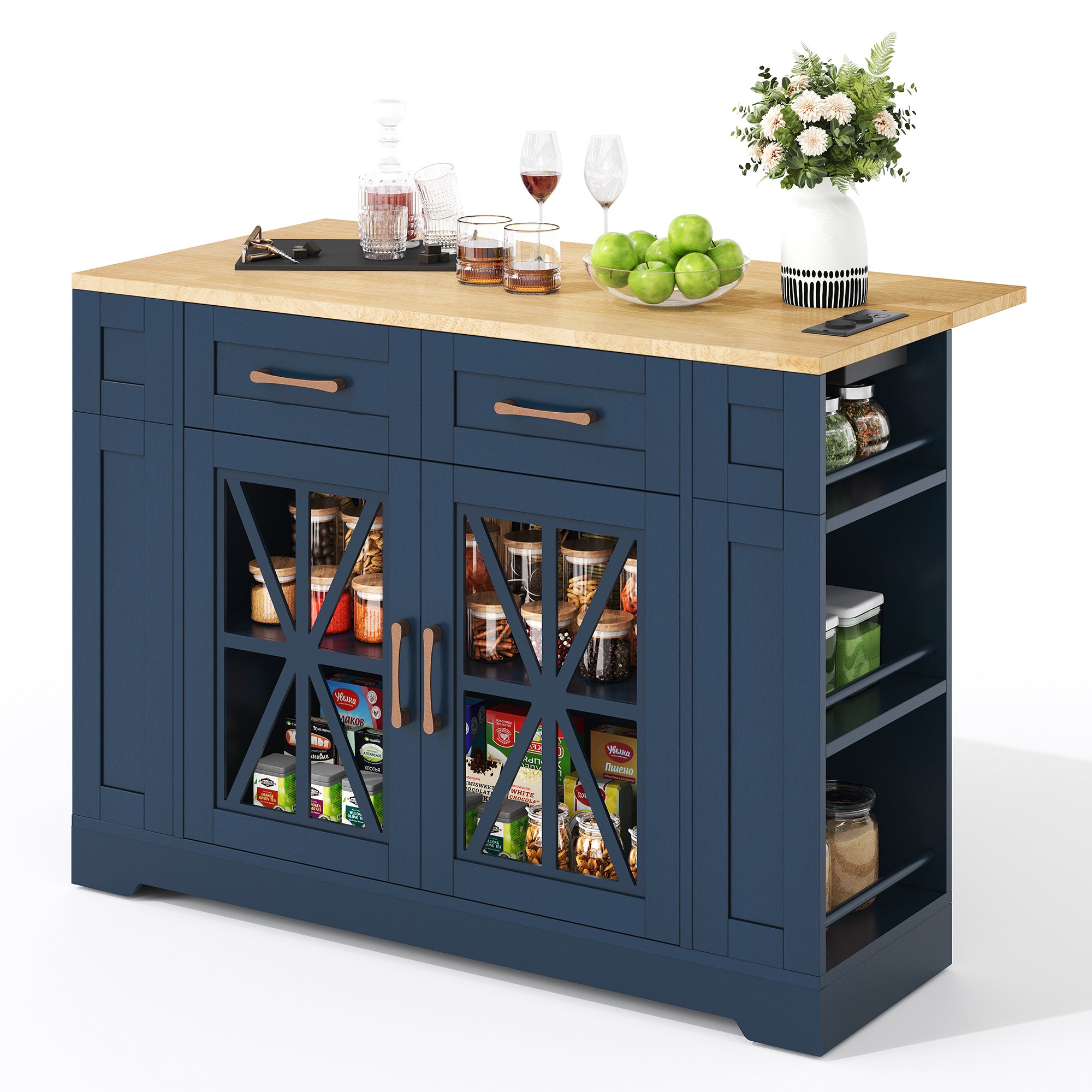 Îlot de cuisine en Panneau composite de fibres de bois à densité avec portes en verre, étagères réglables, tiroirs, plan de travail extensible, 120x65x92 cm, bleu et neutre