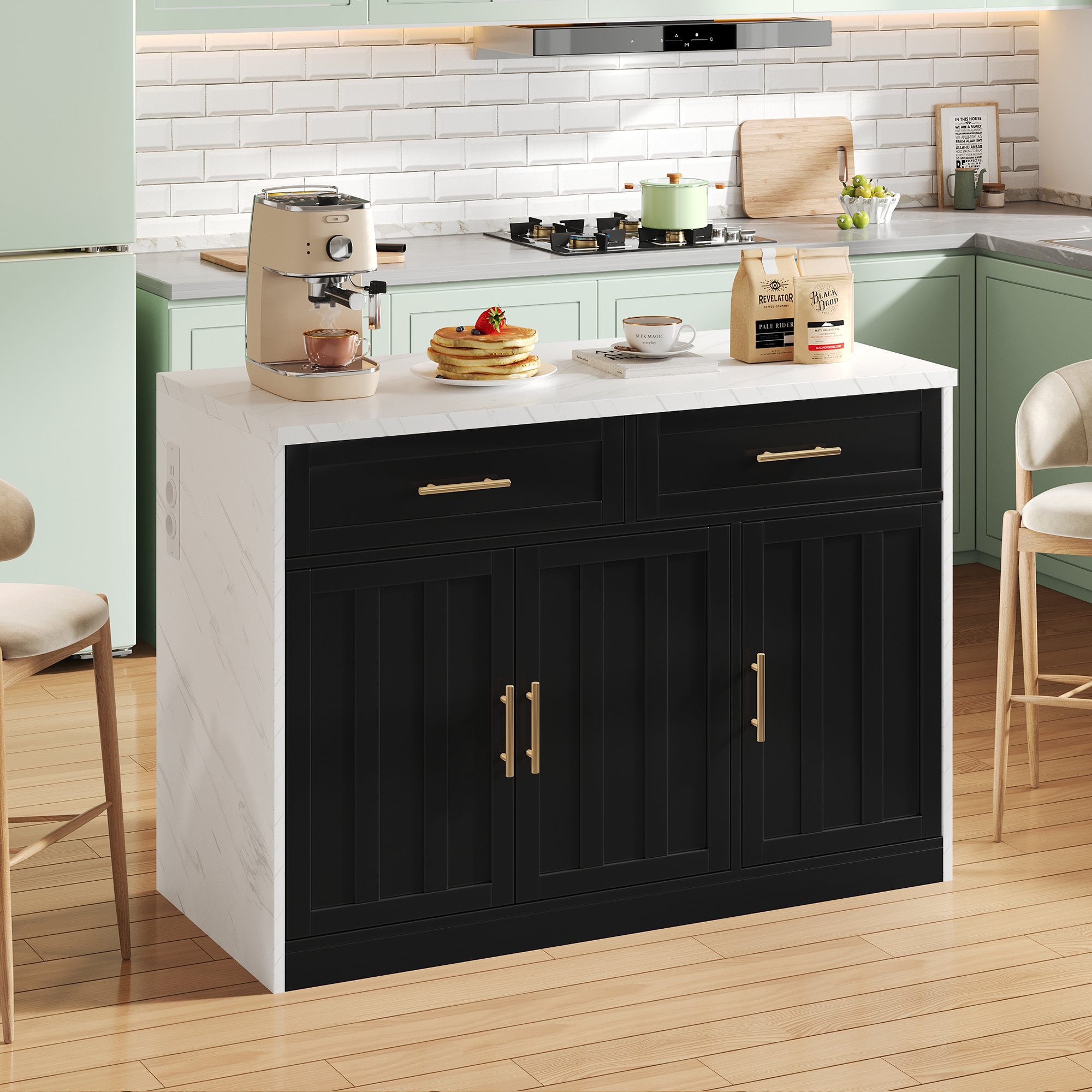 Îlot de cuisine en Panneau composite de fibres de bois à densité noir avec plan de travail marbre blanc, rangements, prises, bar, 120x60x91 cm