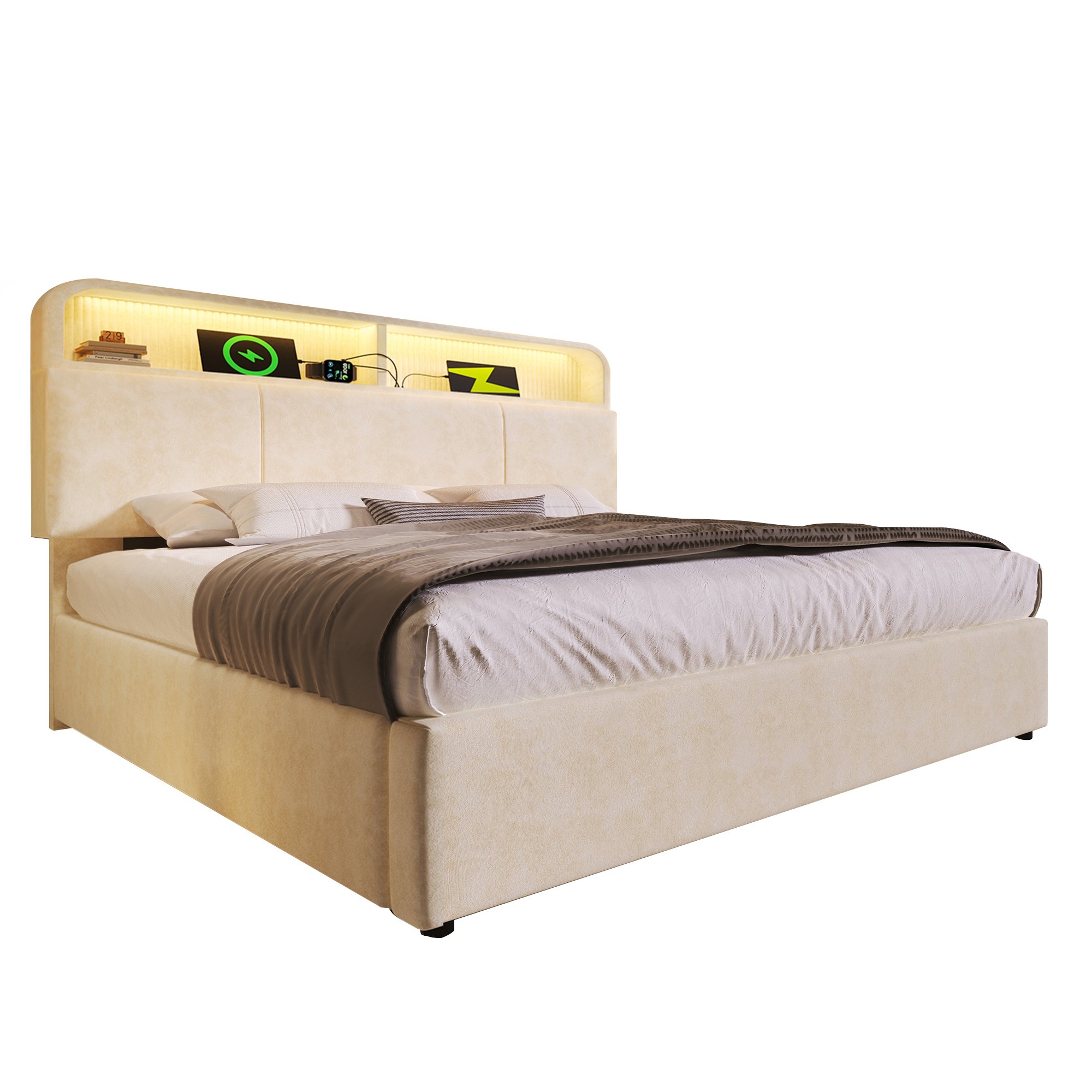 lit coffre 180x200 velours beige moderne avec LED, USB Type-C, rangement tête de lit et sommier à lattes