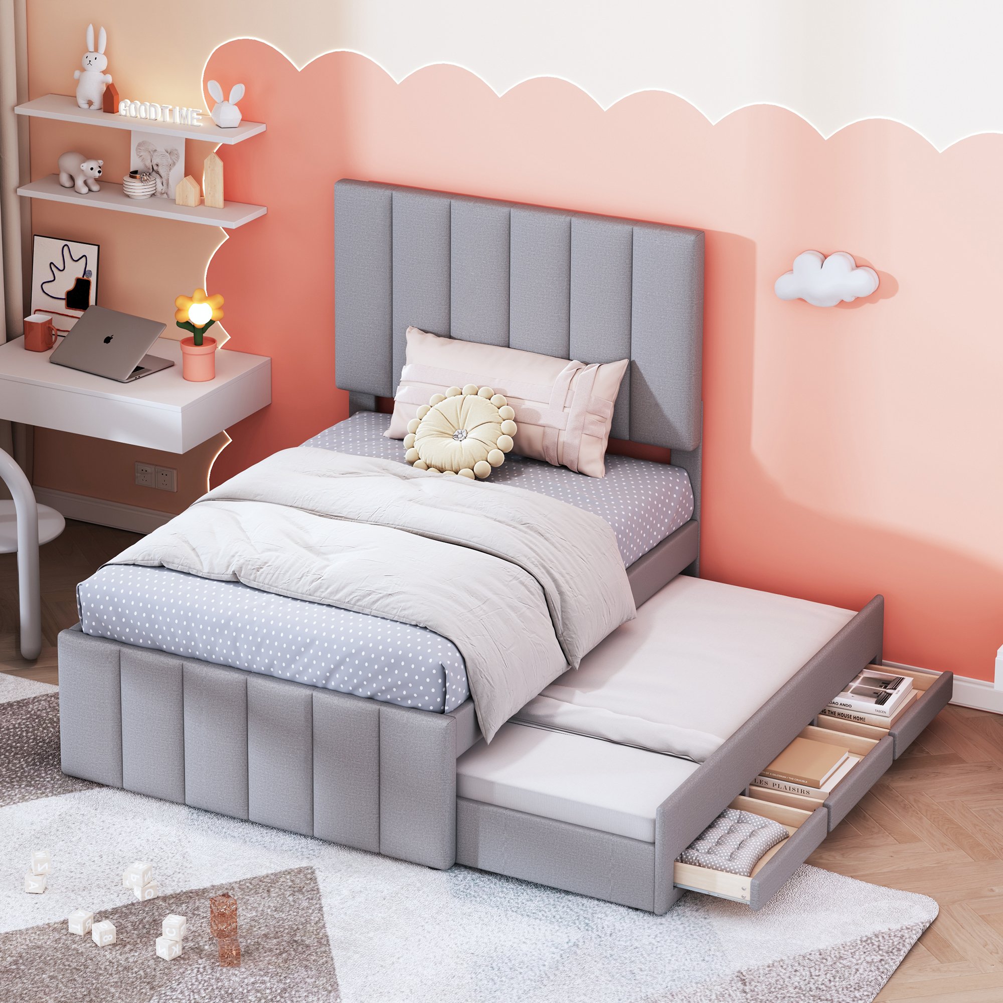 Lit enfant 90x200 cm avec lit escamotable et 3 tiroirs, en lin gris, avec sommier
