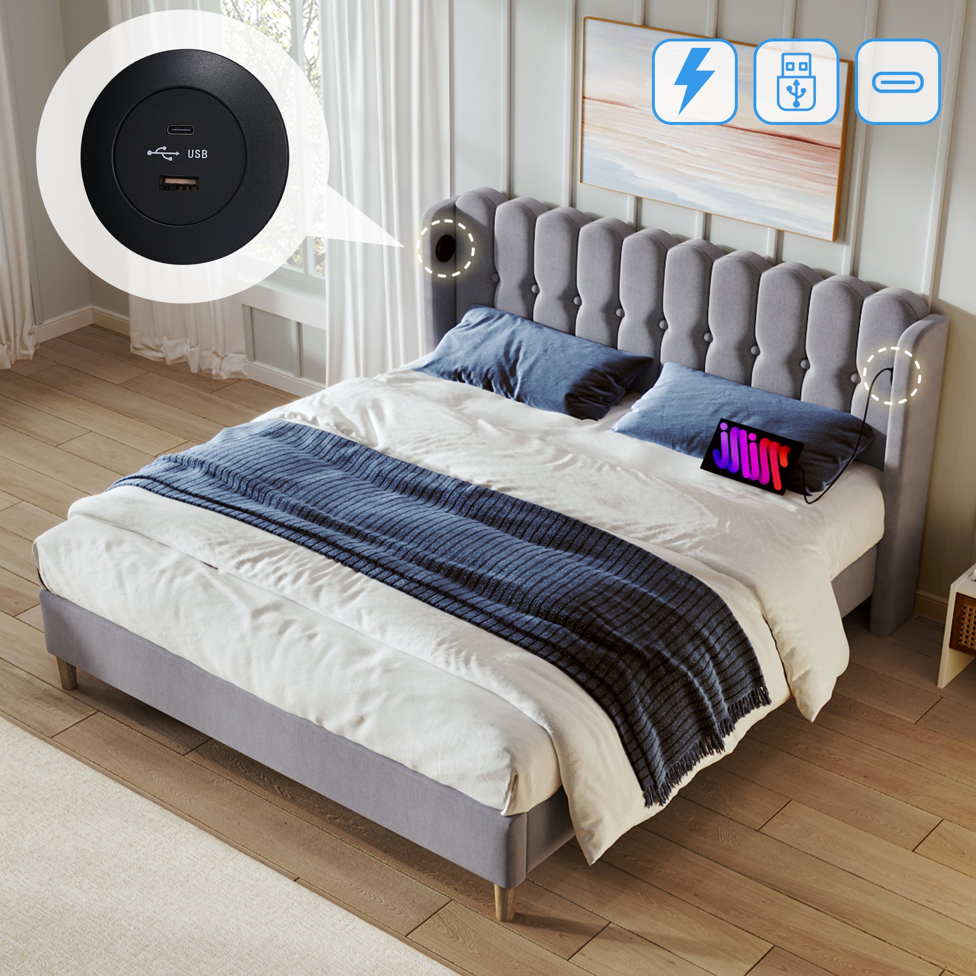 lit double rembourré 160x200 avec sommier à lattes et ports charge usb type-c intégrés tête de lit capitonnée gris lin
