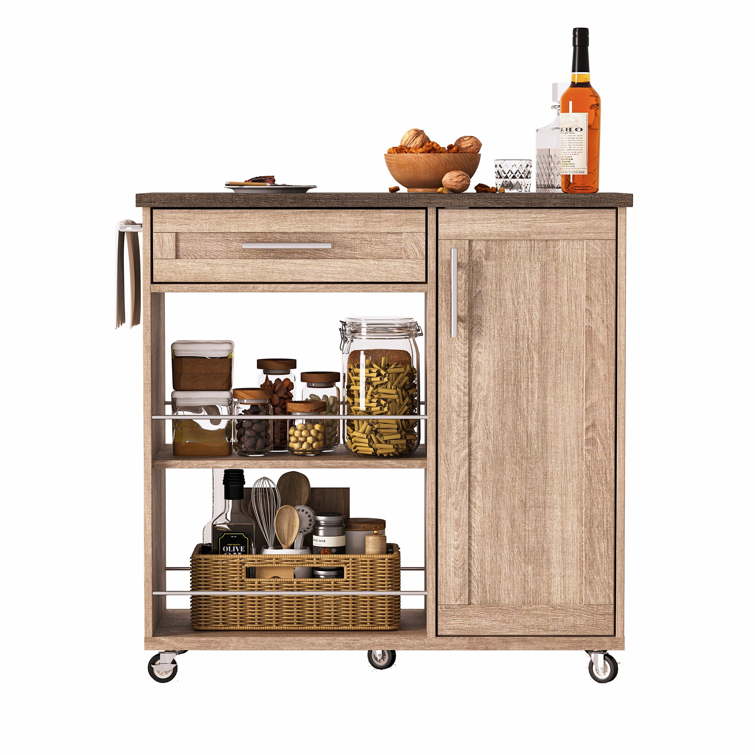 Îlot de cuisine sur roulettes 90x62x90 cm en Panneau composite de fibres de bois à densité avec rangement, tiroir, placard et étagères, style chêne sonoma