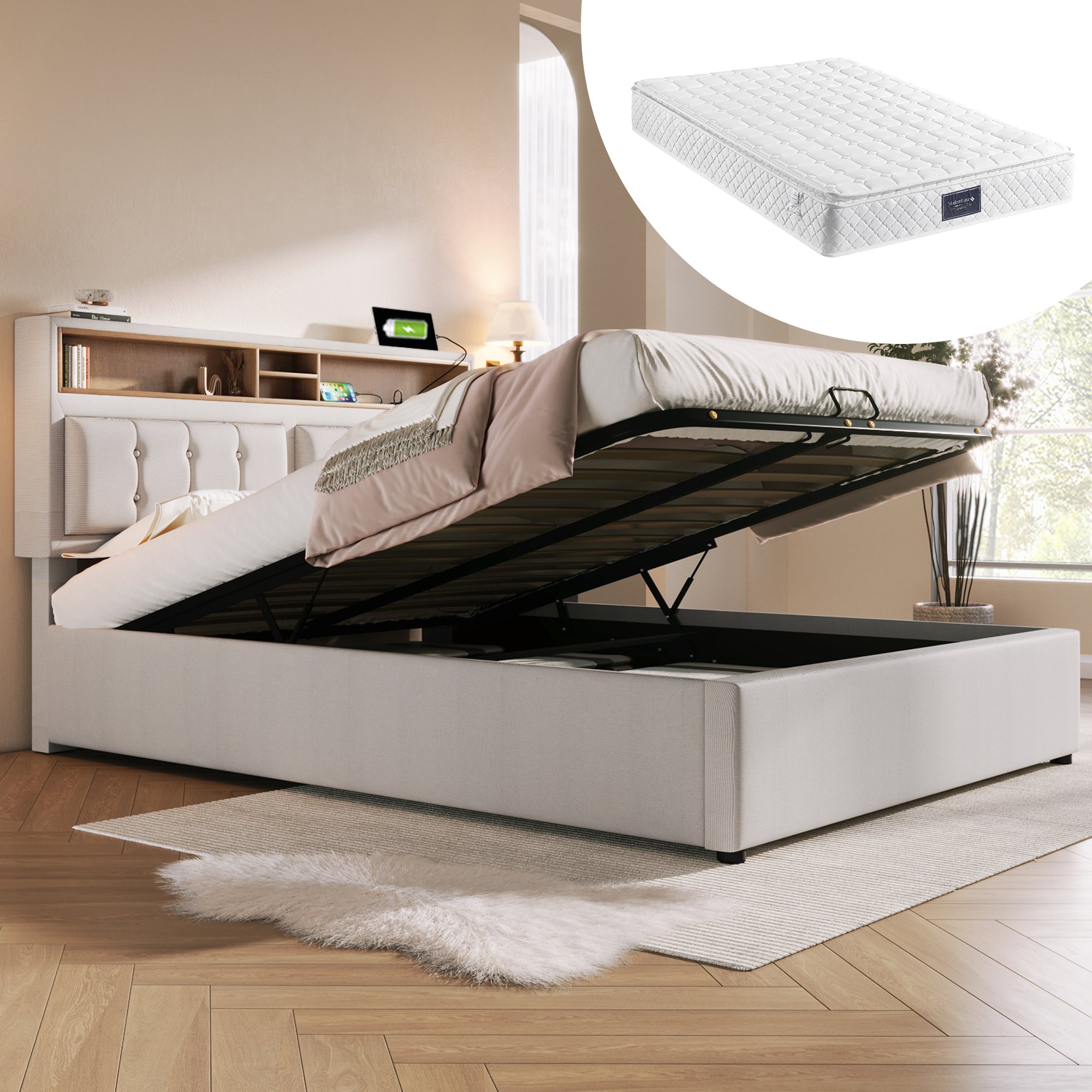 Lit double rembourré 140x200 avec sommier et matelas, rangement coffre hydraulique, tête de lit réglable USB Type-C, tissu lin beige