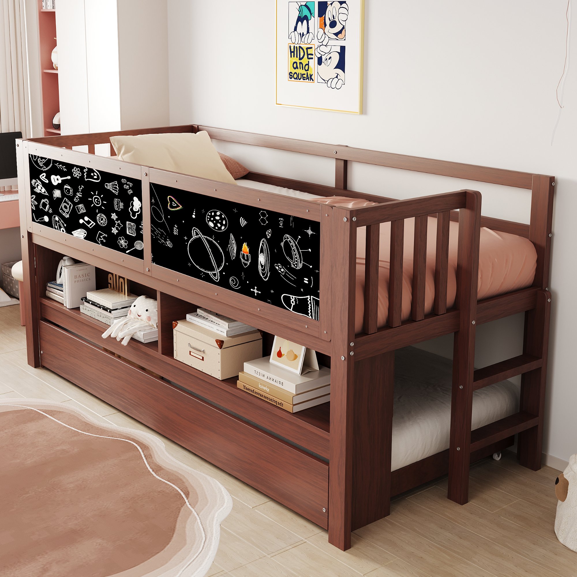 Lit cabane enfant en bois massif 90x200 avec rangement ouvert et échelle, sans matelas