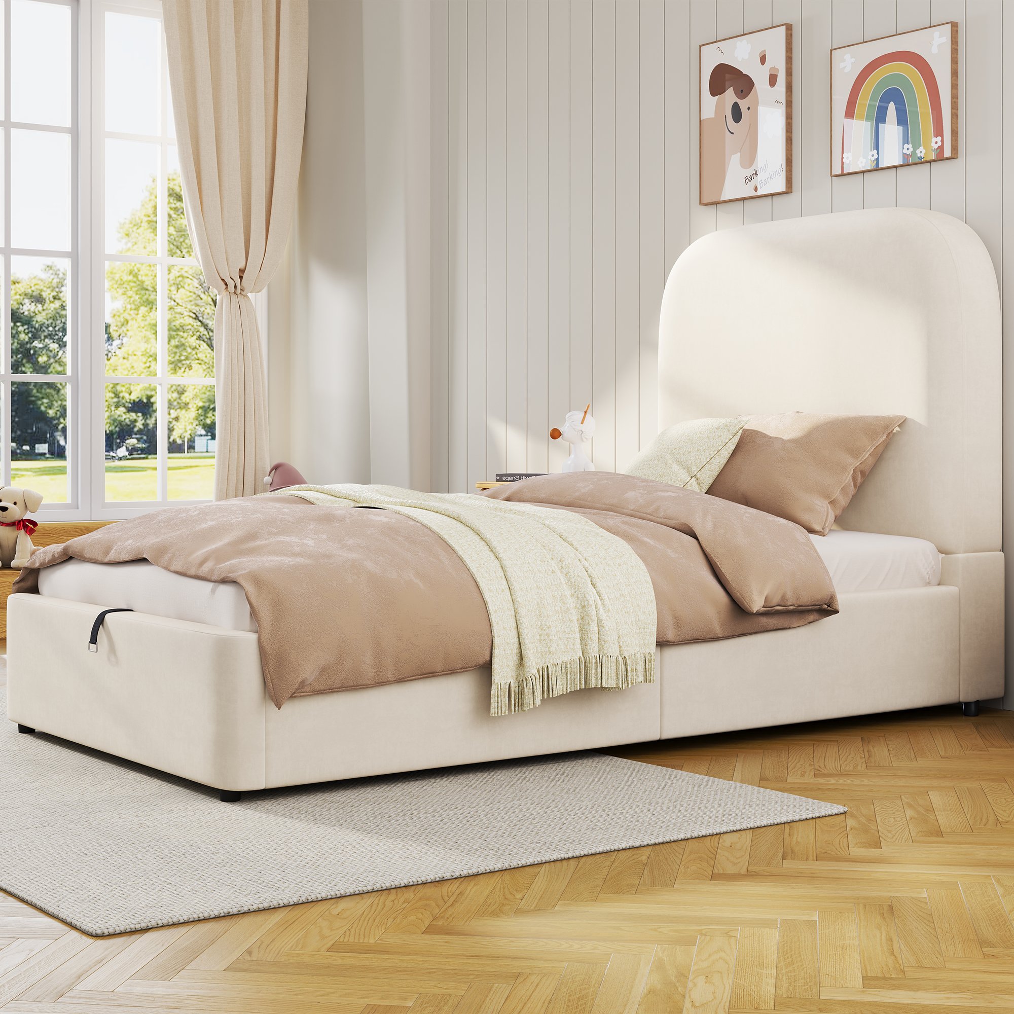 Lit coffre 90x200 avec rangement hydraulique, velours beige, tête de lit rembourrée et sécurité enfants, montage facile
