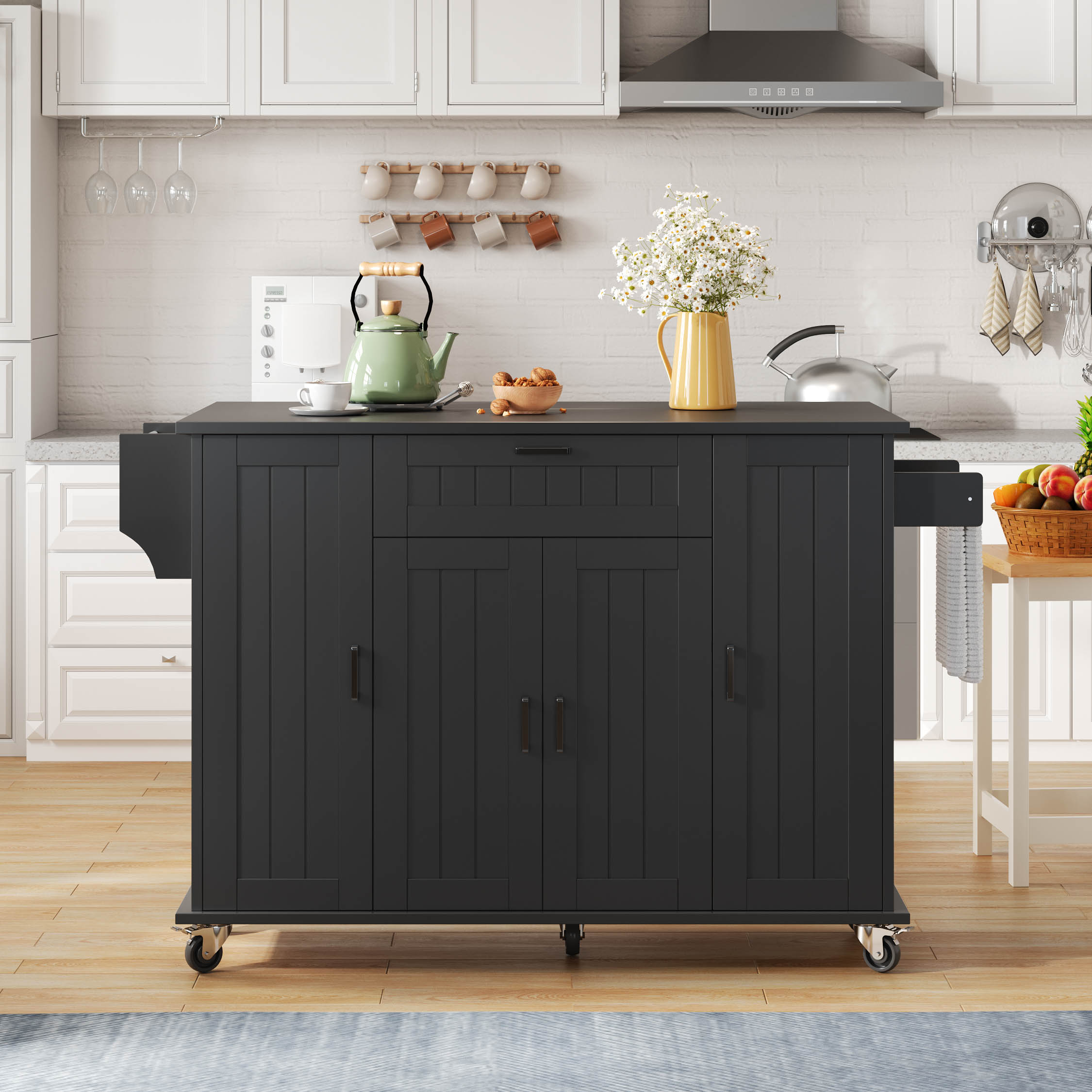 Îlot de cuisine mobile avec plan de travail rabattable et rangements intégrés, 4 portes, tiroir, étagères à épices, noir, 120 cm