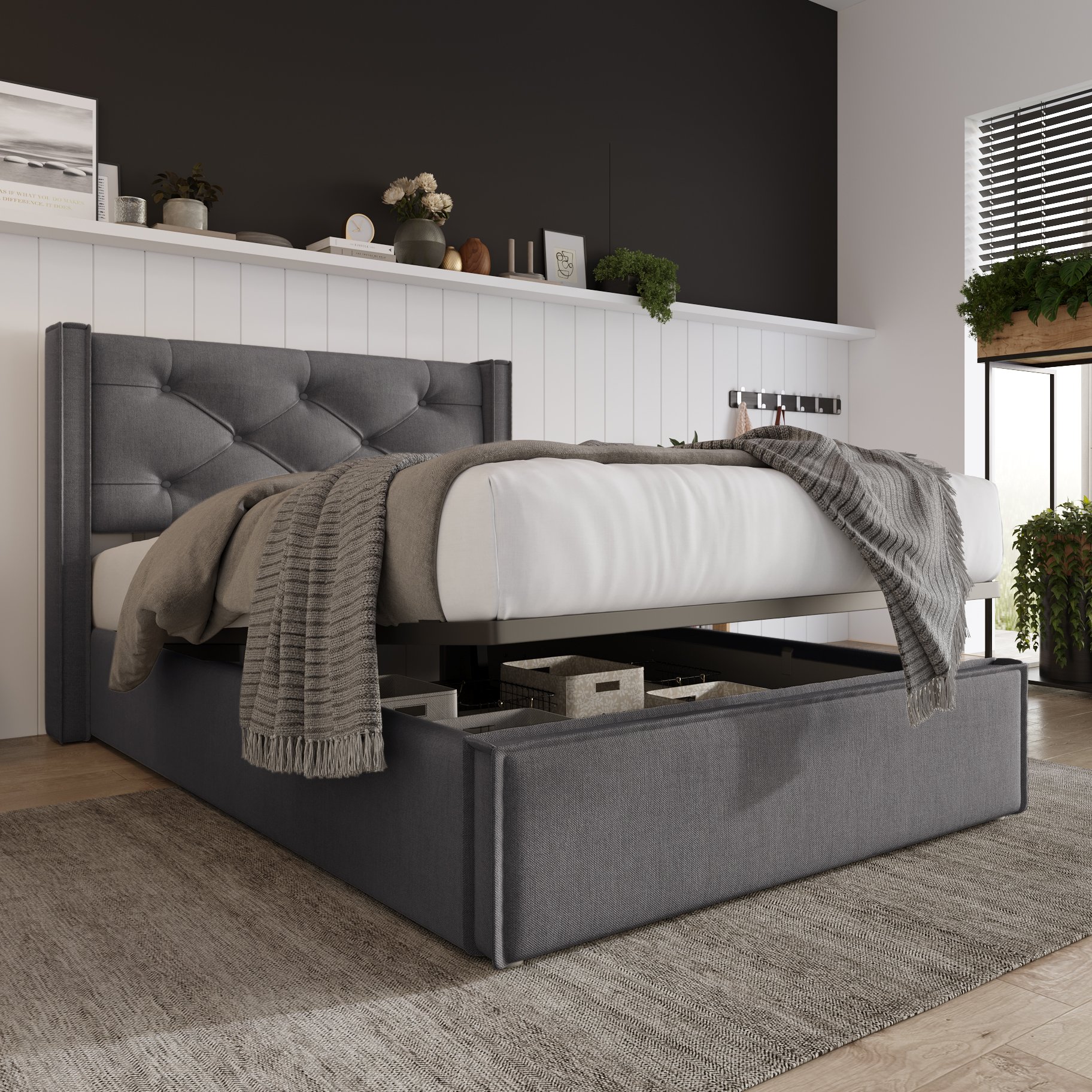 lit coffre 90x200 gris, cadre en métal et bois massif, lit simple rembourré avec matelas et coffre de stockage
