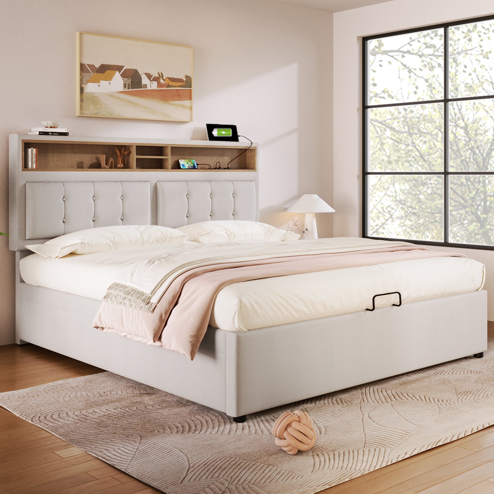 lit coffre 160x200 avec sommier à lattes, rangement hydraulique, tête de lit rembourrée beige avec ports USB Type-C et prises