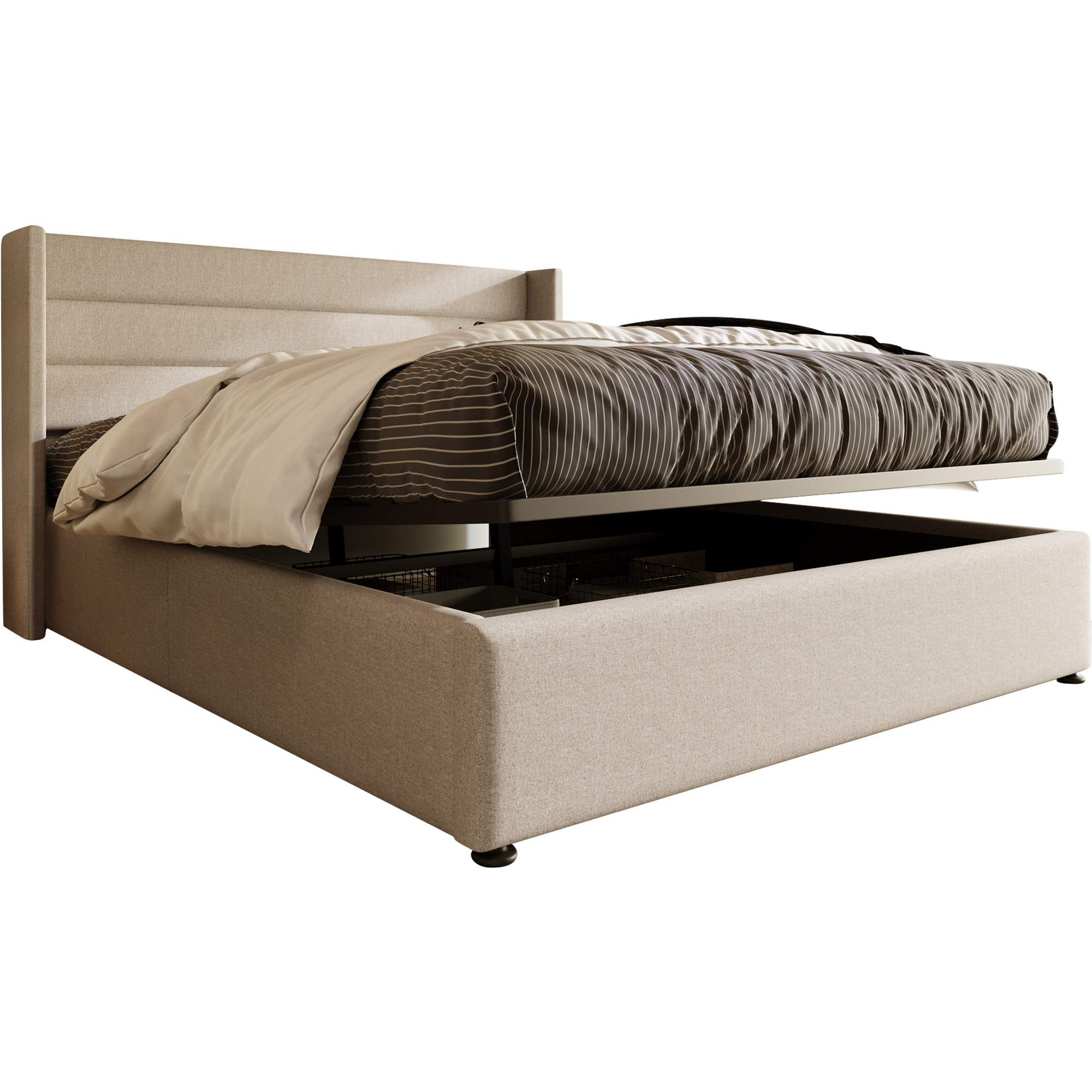 lit coffre 140x200 revêtement en lin beige avec structure robuste et coffrage hydraulique