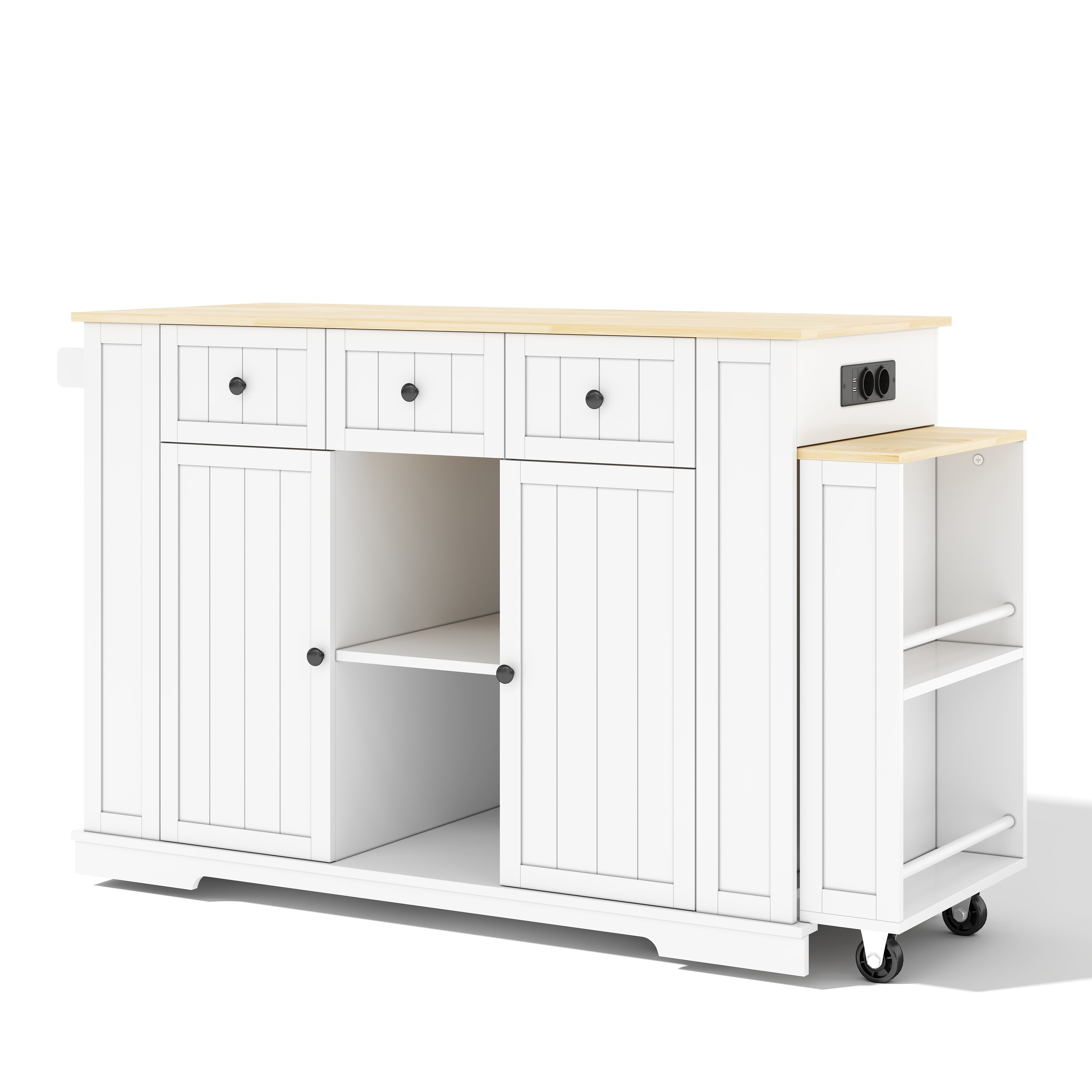 Îlot de cuisine blanc et bois naturel avec table extensible, rangements et roulettes, 138(213)x55x93 cm