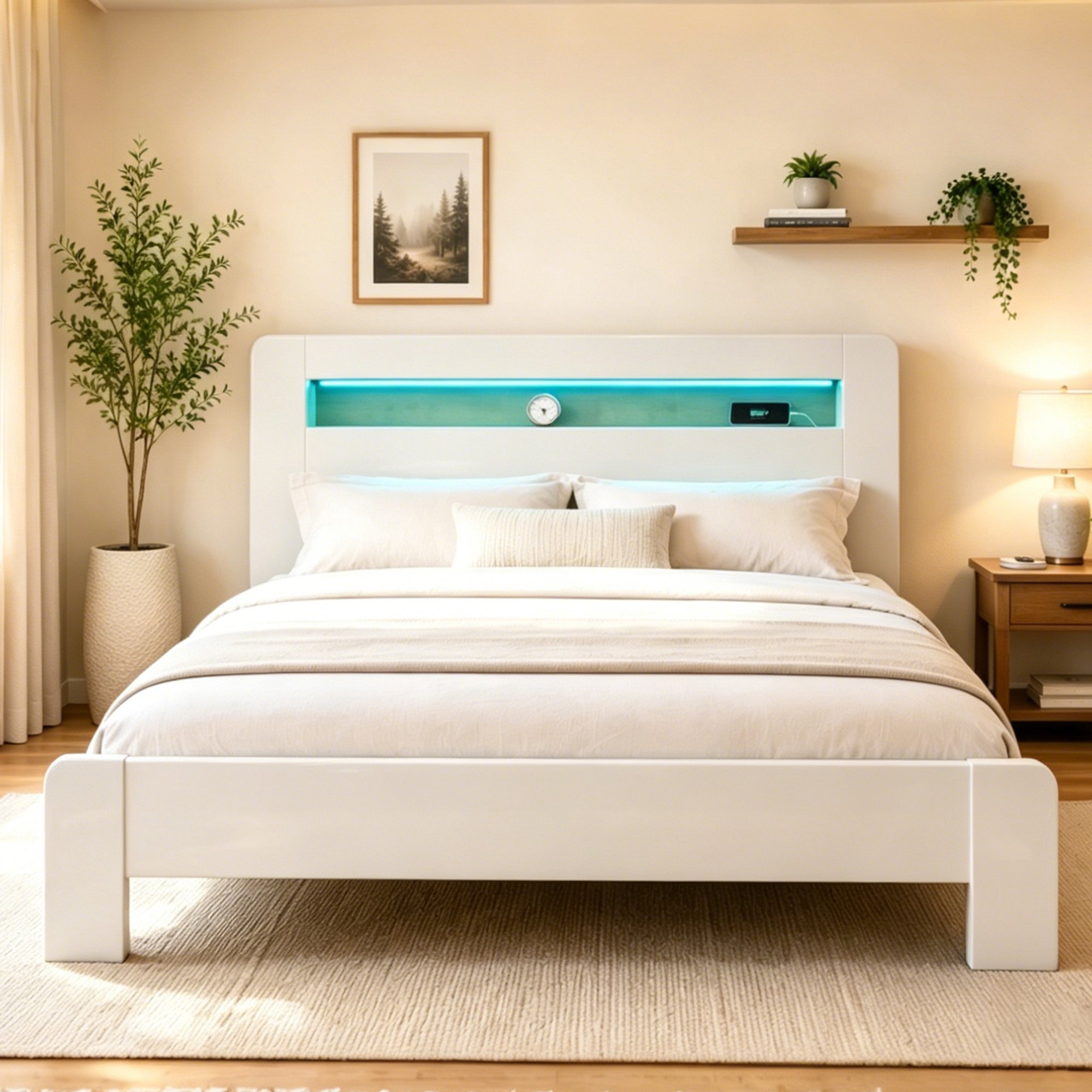 Lit coffre avec rangement au tête, LED et prises USB, 180x200 cm