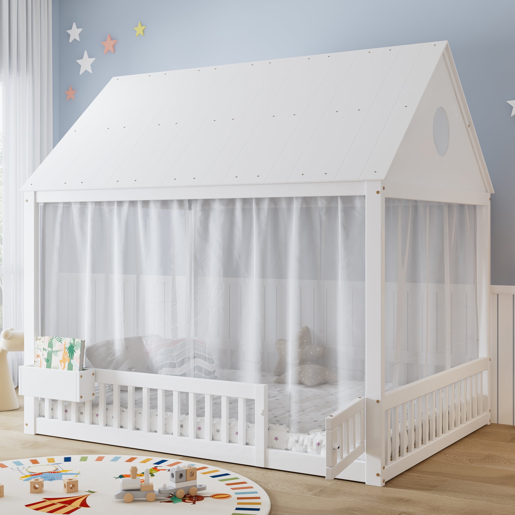 Lit enfant avec rangement intégré, rideaux décoratifs et sommier à lattes, 140x200 cm