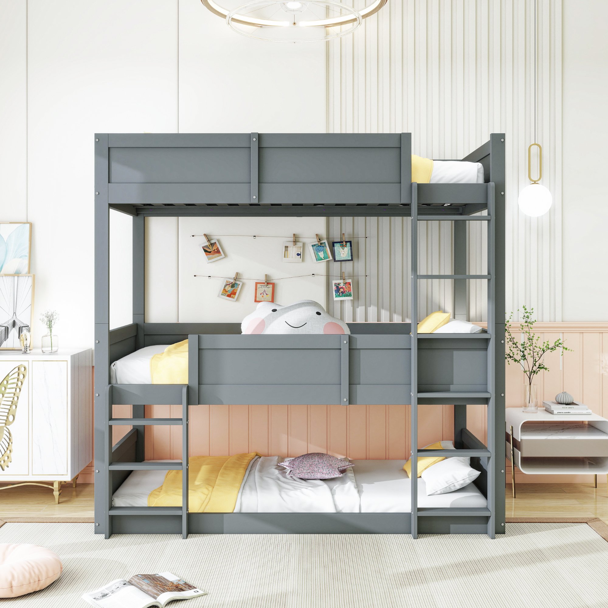 Lit mezzanine 90x200 pour enfant, 3 couchages, bois massif, gris, avec barrière de sécurité